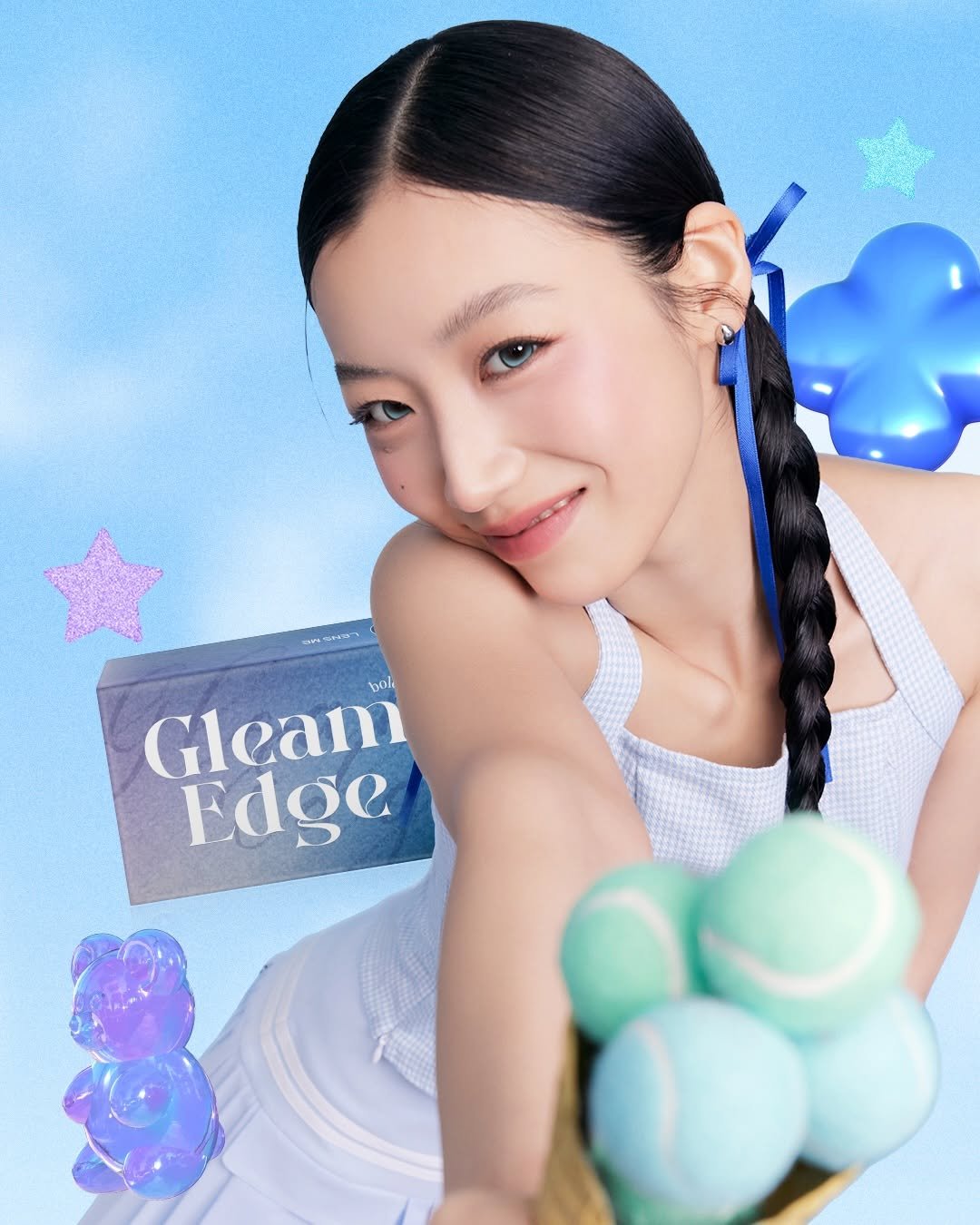 Photo by 렌즈미 LENSME Official on February 27, 2026. May be an image of one or more people, braids, makeup, magazine and text that says 'Gleam Edge'.