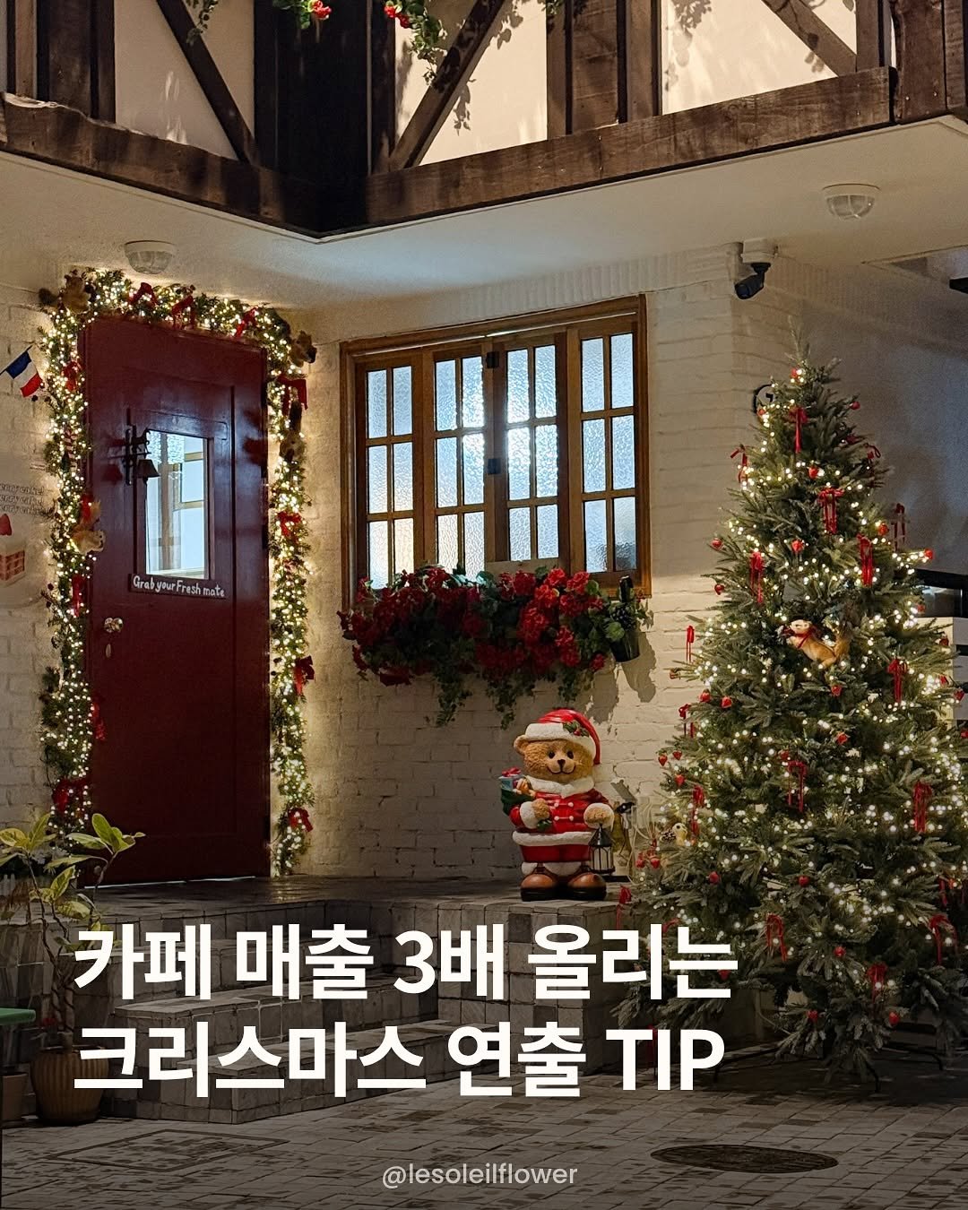 Photo by 르솔레유 | 조화 | 실크플라워 | 플랜테리어 창업컨설팅 on October 20, 2025. May be an image of text that says 'A Grabynurfreahnate UrabynerFreshmate 카페 카페매출 매출 3배 올리는 크리스마스 연출 연출지P TIP @lesoleilflower'.