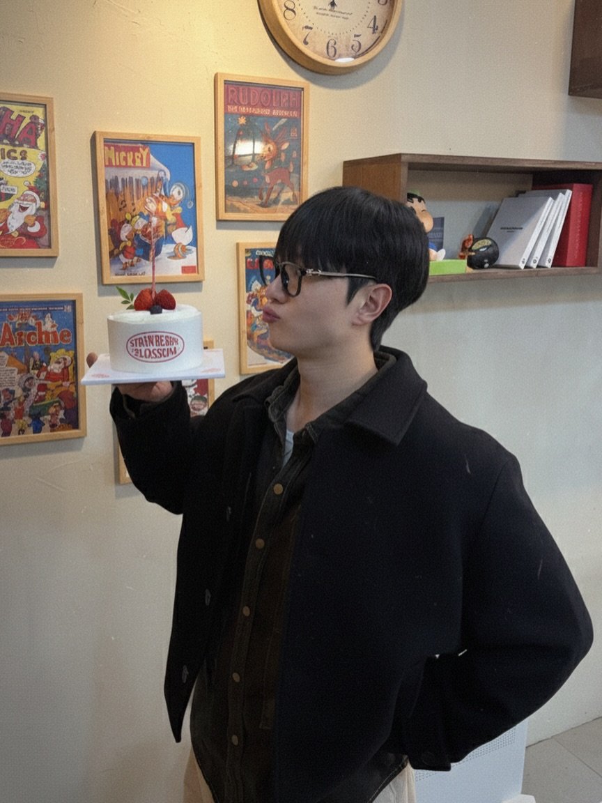 Photo by 륜Ryan on March 12, 2026. May be an image of duffle coat, bolo tie, beret and text.