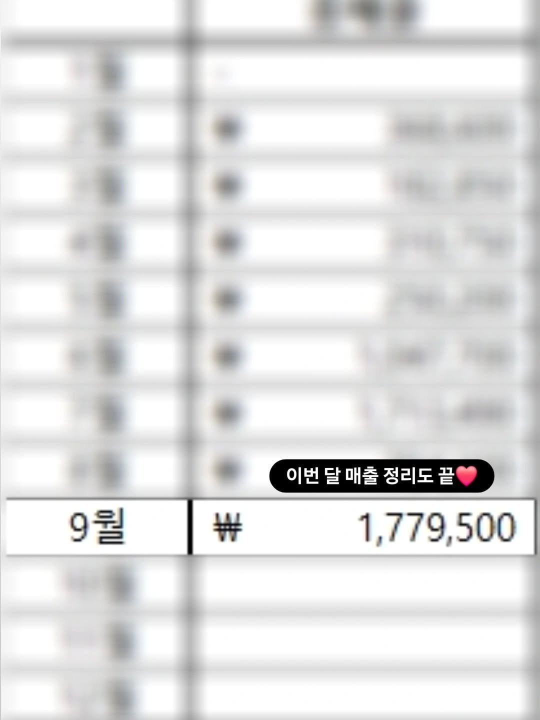 Photo by 째째맘 l 맘편한 육아ღ on September 30, 2025. May be an image of calendar and text that says '이번 달 매출 매출 정리도 끝 1,779,500 9월'.