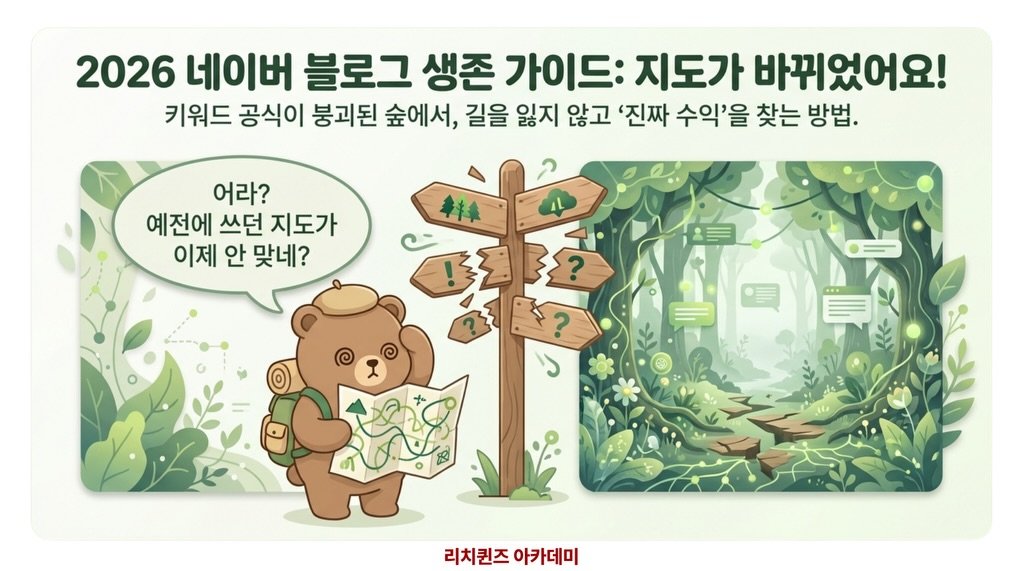Photo by 라치유ㅣAIxSNS 코치 on February 03, 2026. May be a doodle of card, poster and text that says '2026 네이버 블로그 생존 가이드: 지도가 바뀌었어요! 키워드 공식이 붕괴된 숲에서, 길을 잃지 않고 '진짜 수익'을 찾는 방법. 어라? 예전에 예전에쓰던지도가 쓰던 지도가 이제 안 맞네? AL ? ১ 리치킨즈 리치킨즈아카데미 아카데미'.