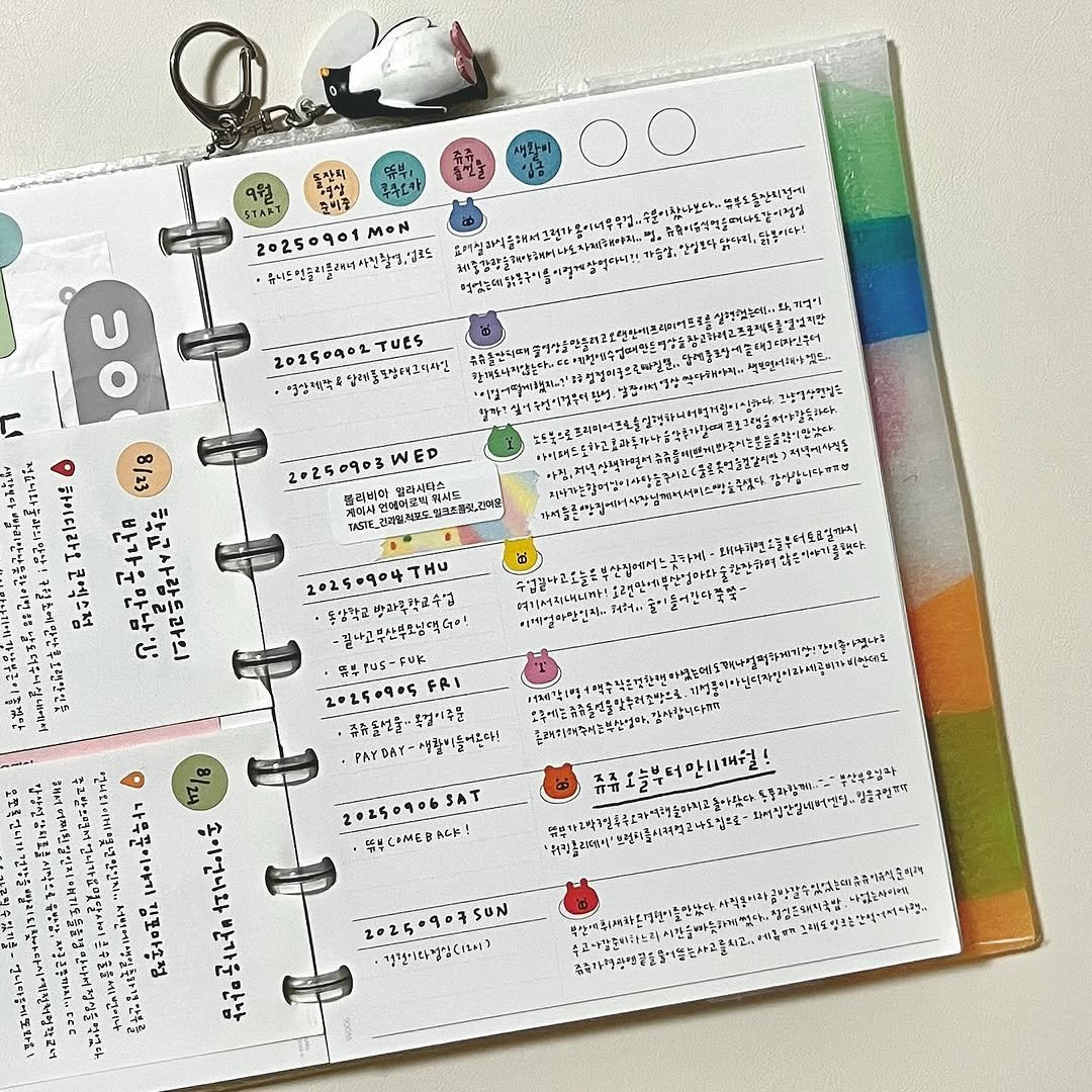 Photo shared by 루비킴 on September 09, 2025 tagging @y3ong_diary, and @mushroom_paper_farm. May be an image of diary, pencil case, binder, clipboard, pen, calendar and text.
