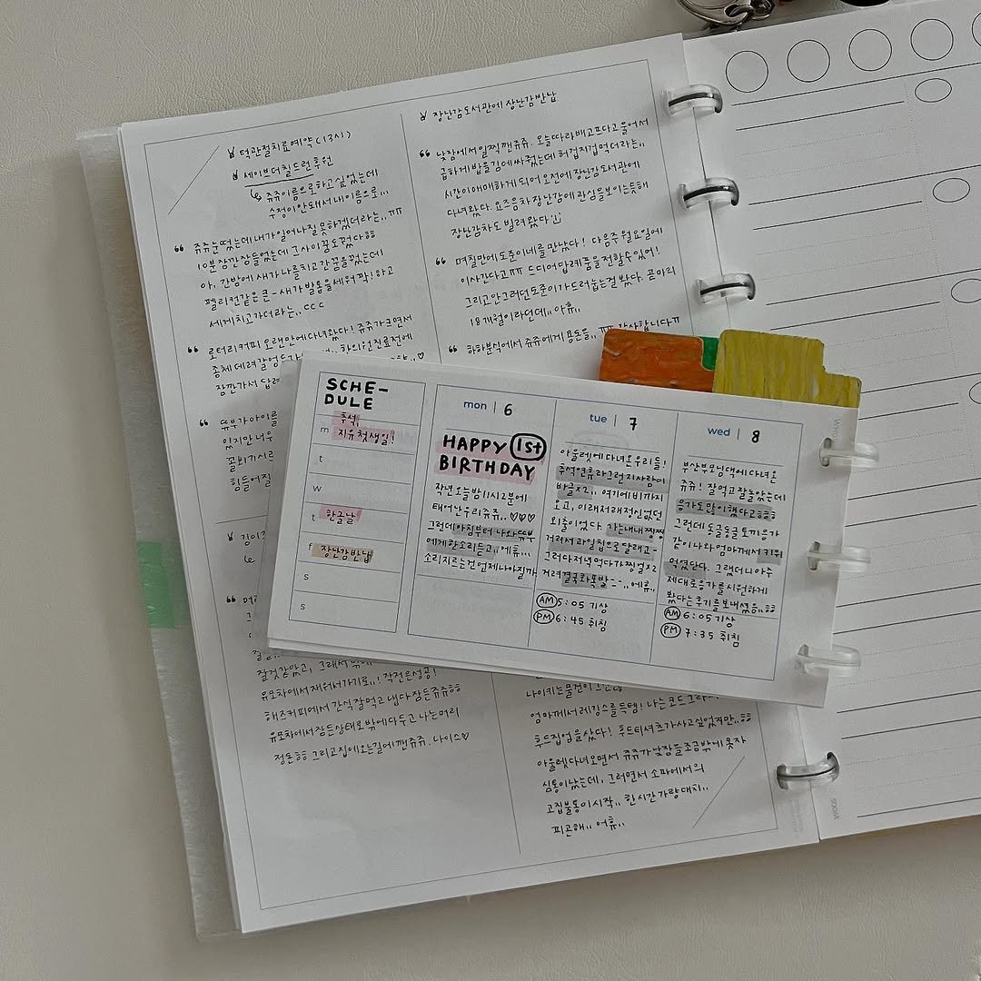 Photo shared by 루비킴 on October 15, 2025 tagging @mushroom_paper_farm. May be an image of diary, book, ruler, binder, clipboard, pen, crossword puzzle, calendar and text.