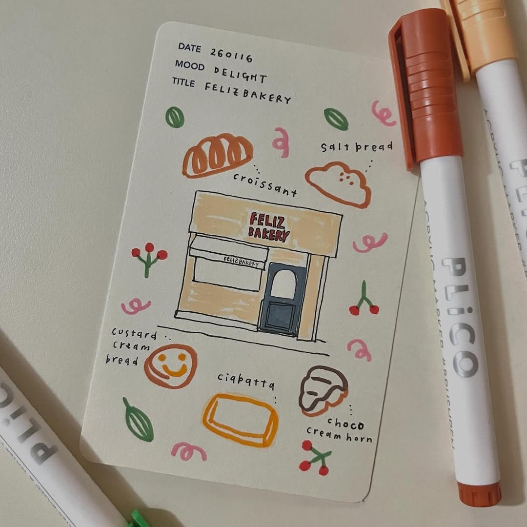Photo shared by 루비킴 on January 16, 2026 tagging @nearnow.scene, and @greemtoolz. May be a doodle of ‎diary, sketch, clipboard, marker, pen, pencil case and ‎text that says '‎DATE 260116 MOOD OODDELIGHT FELIZ FELIZBAKERY TITLE DELIGHT Saltpread salt pread 000 a croissant FELIZ BAKERY EEE アみボリムイ و custard M bread ኤ a ciabatta 1Td PLICO choco creamhorn እ CECT horn ത‎'‎‎.