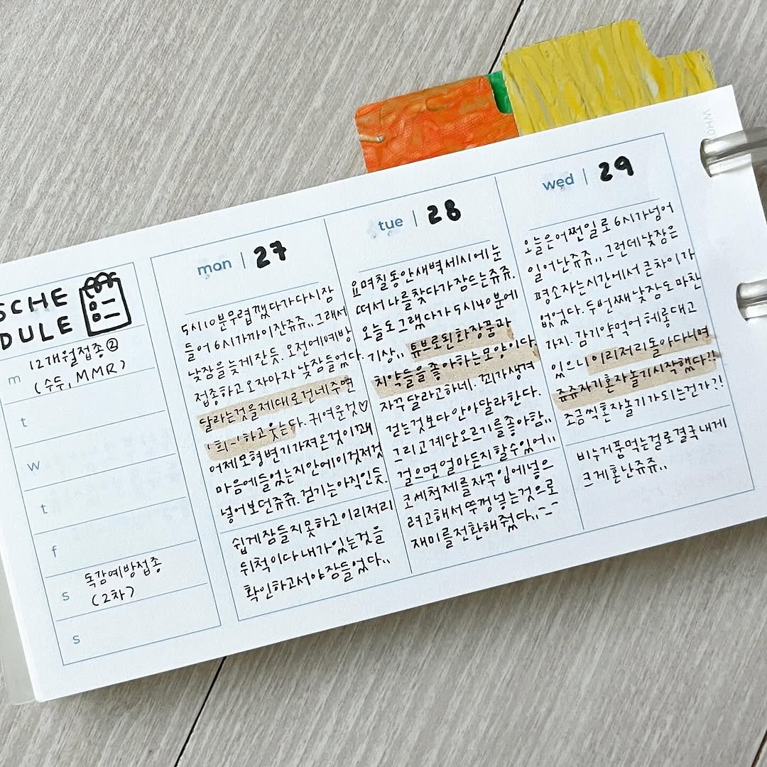 Photo shared by 루비킴 on November 09, 2025 tagging @__ti_me, and @mushroom_paper_farm. May be an image of diary, clipboard, binder, calendar, ruler, pen and text.