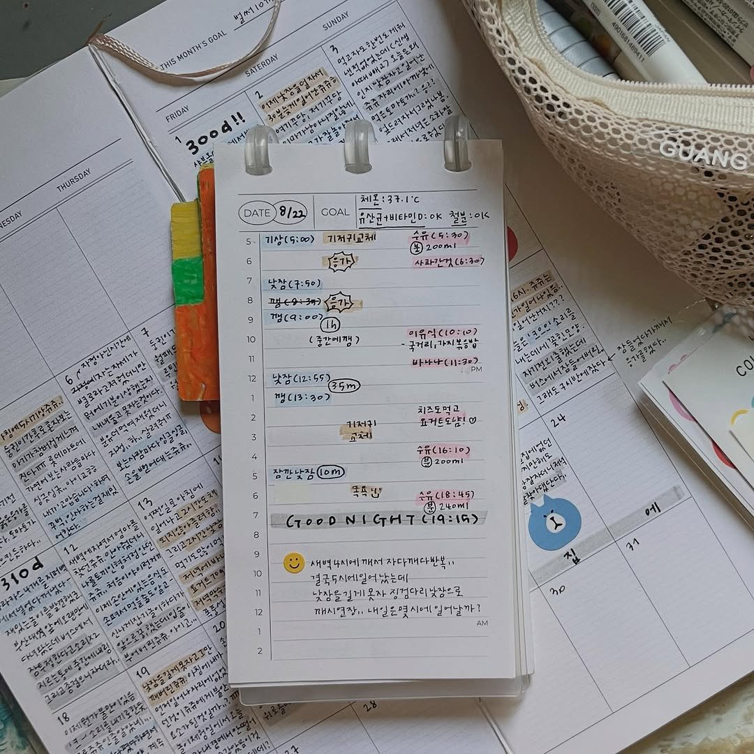 Photo shared by 루비킴 on August 24, 2025 tagging @munid_log, @life_with_records, and @mushroom_paper_farm. May be an image of diary, clipboard, binder, pencil case, pen, calendar and text.