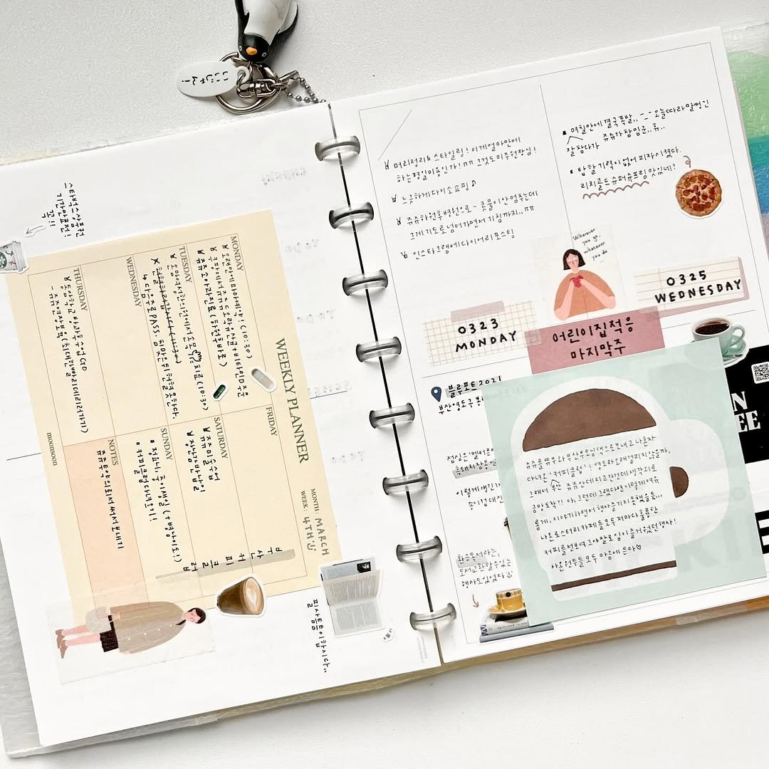 Photo shared by 루비킴 on March 30, 2026 tagging @y3ong_diary, and @mushroom_paper_farm. May be an image of diary, binder, clipboard, calendar and text.