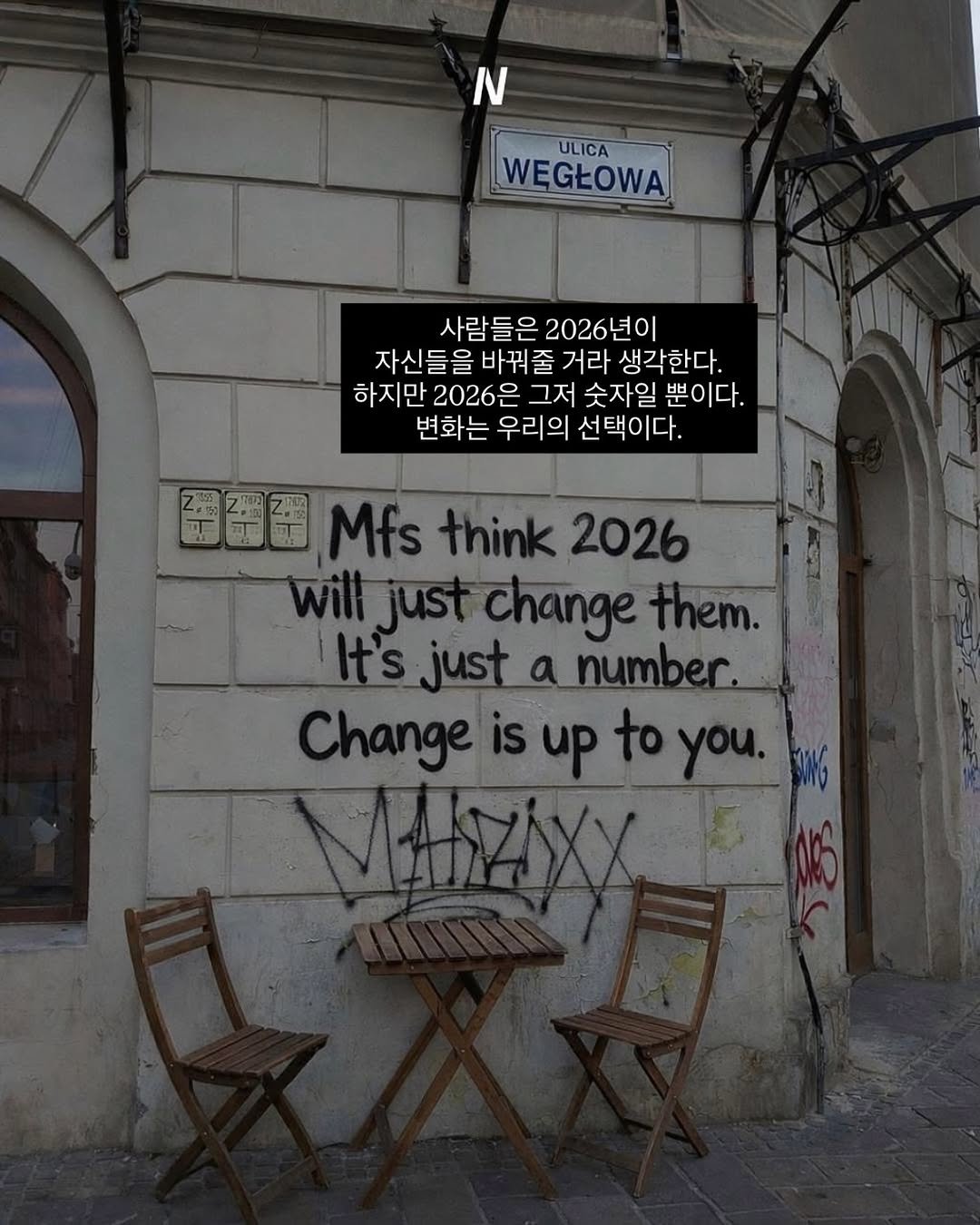 Photo by 라이프핵 마인드셋 on January 29, 2026. May be an image of newspaper, poster, brick wall and text that says 'N ULICA WEGŁOWA 사람들은 2026년이 자신들을 자신들을바꿔줄거리 바꿔줄 거라 생각한다. 하지만 2026은 그저 숫자일 뿐이다. 변화는 우리의 선택이다. 國彈四 Mfs think 2026 will willjustchangethem. justcl them. It'sjust just anumber. Changeisup you. MAYAXX'.