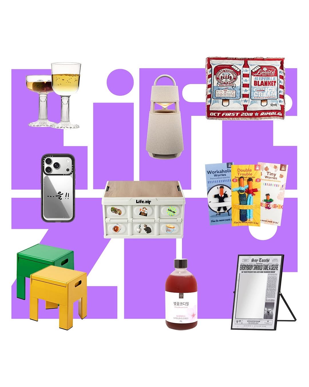 Photo shared by 라이프집 on April 03, 2026 tagging @cconlab.kr, @39etc, @rimble_, @casetify_kr, @say_touche, @olkins_official, and @tket_official_. May be an image of skateboard, poster, wine bottle, portable cassette player and text.