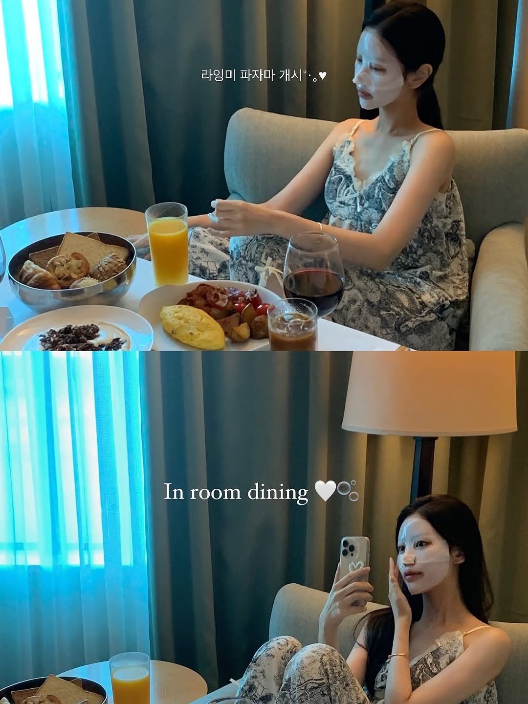 Photo by 라이트미 | 보정 일절 안해요. 라이브 쇼핑몰✨ on August 10, 2025. May be an image of 2 people, sausage and text that says '라임미 파자마 라잉미파자마개시 개시.. 개시'. Inroomdining In room dining'.