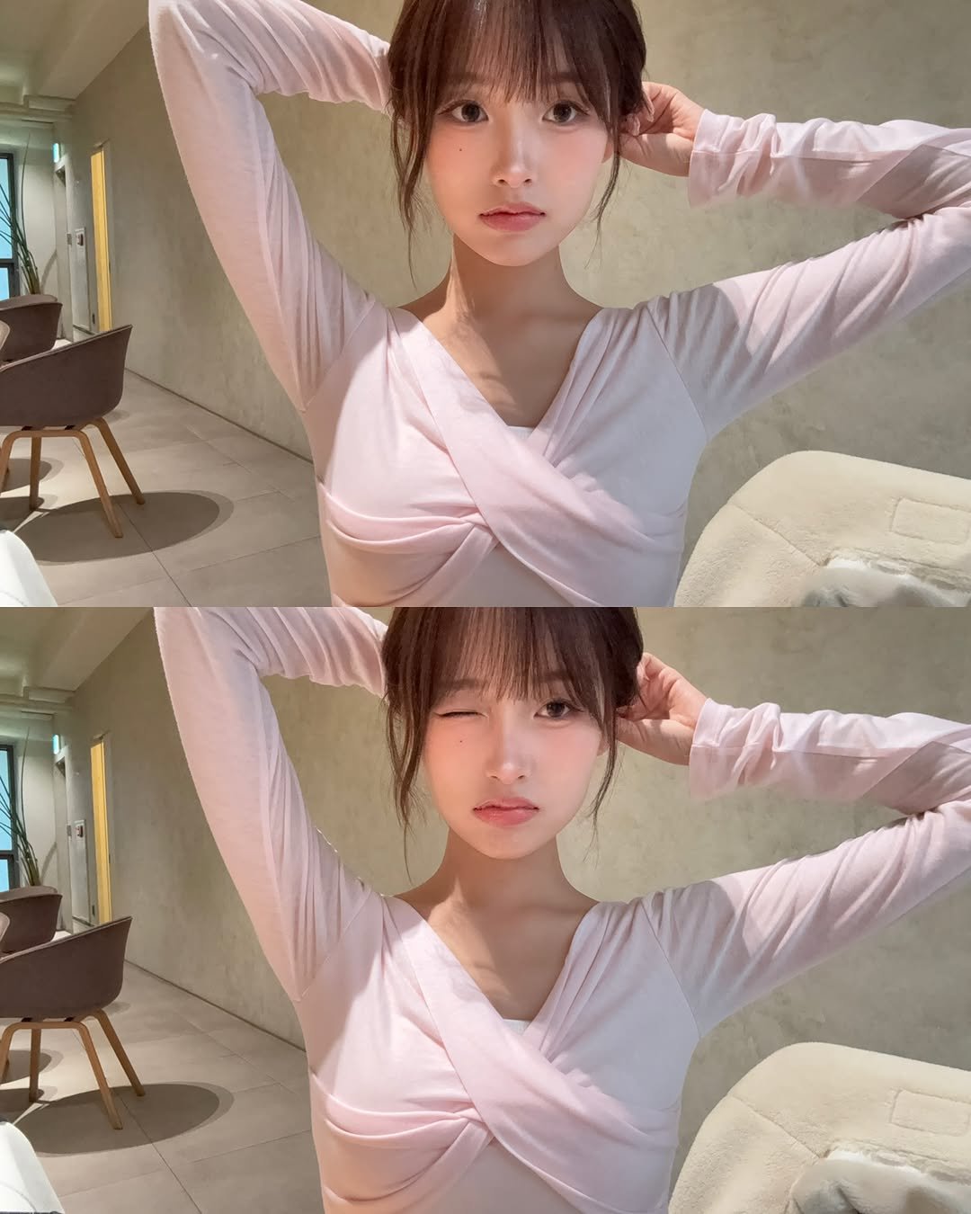 Photo by 리향 on October 29, 2025. May be an image of sleepwear, top, dress, bra and text.