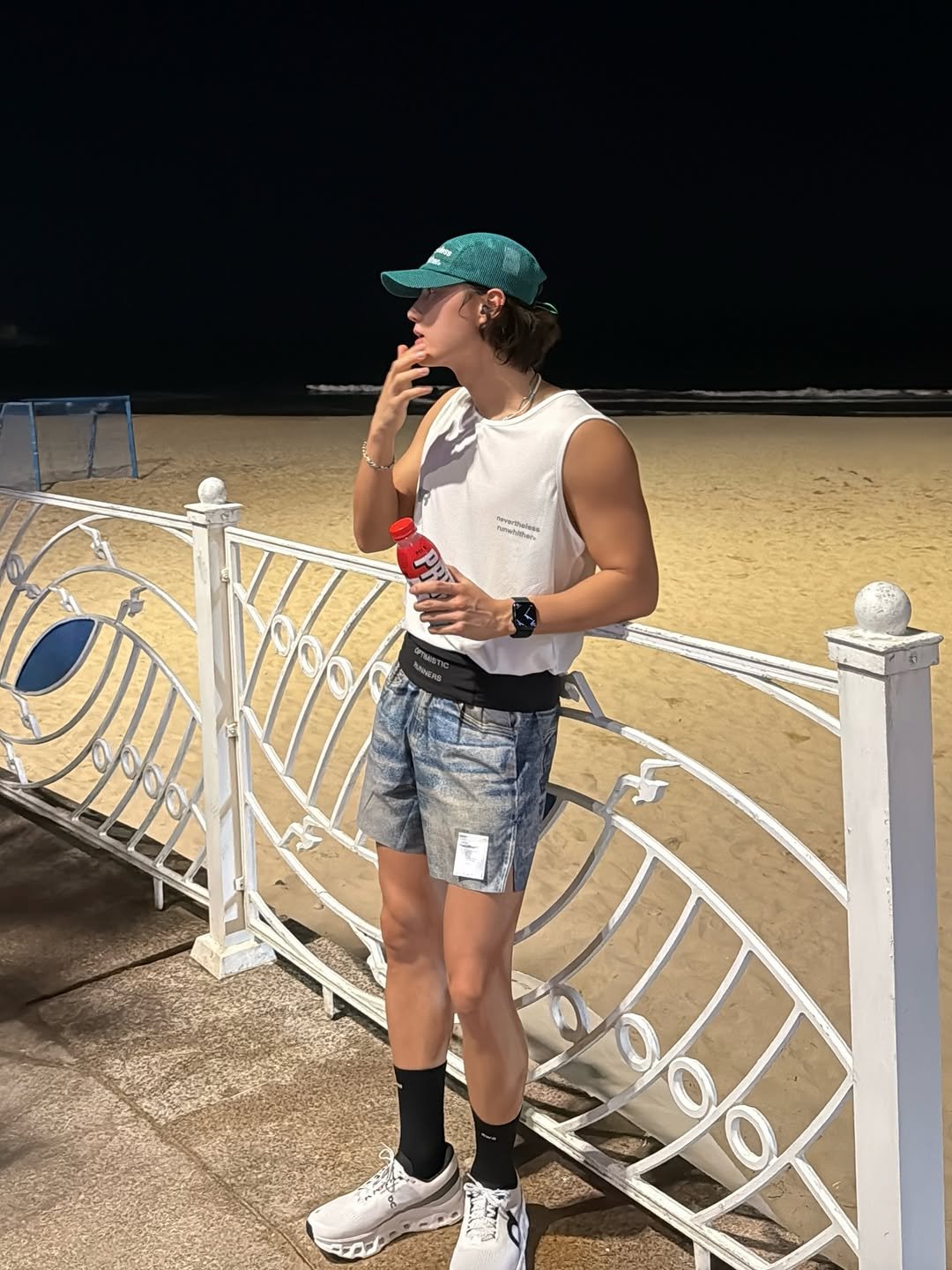 Photo shared by LIMJI / 언박싱•패션•데일리룩 on September 07, 2025 tagging @on, @satisfyrunning, @optimisticrunners, and @runwhither. May be an image of 1 person, shorts, beach and text.