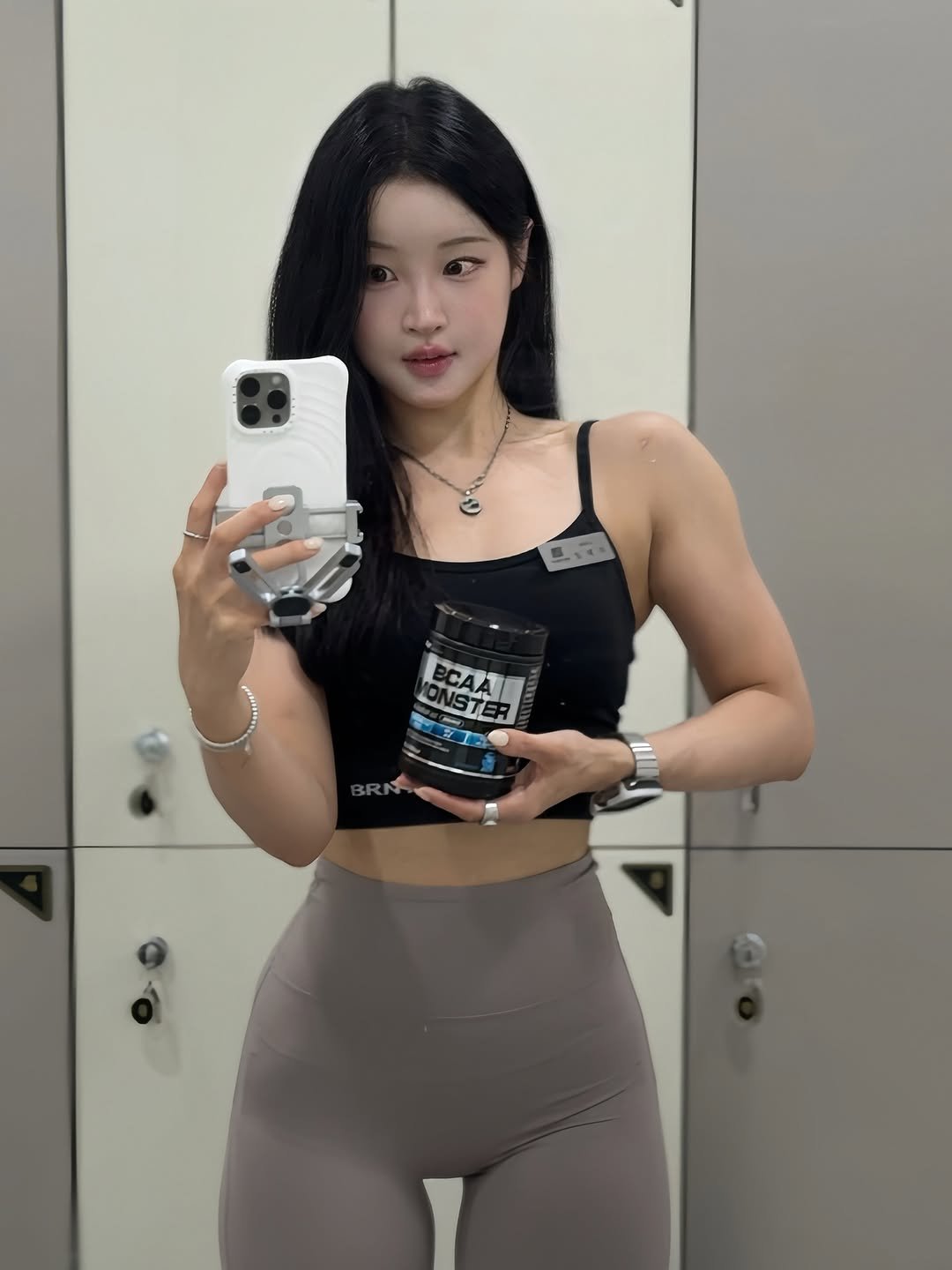 Photo shared by 에티🐻 on September 25, 2025 tagging @bup_official_. May be a selfie of 1 person, biceps, sportswear, shaker and text.