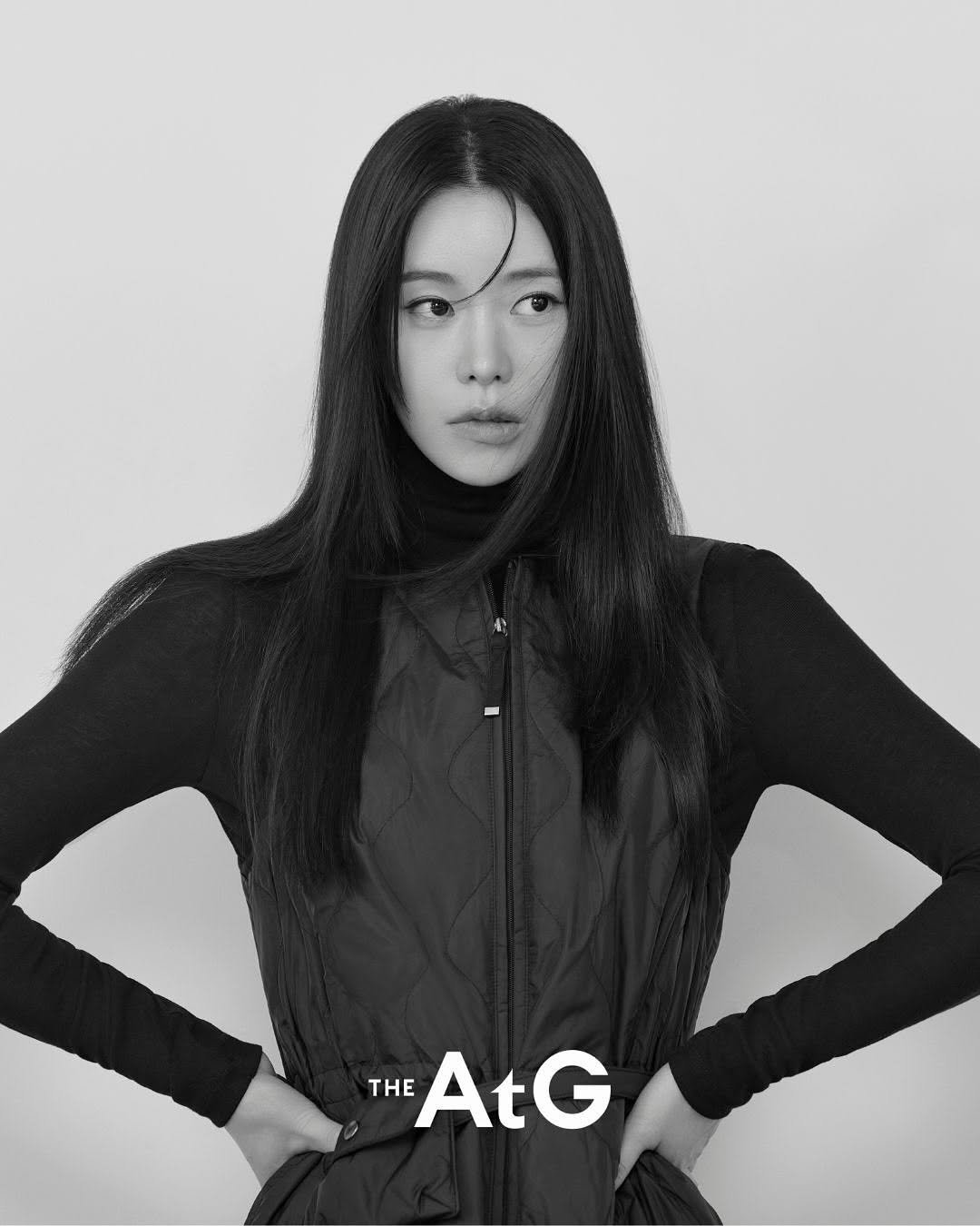 Photo shared by 임지 on November 03, 2025 tagging @cj_onstyle, and @the_atg_official. May be a black-and-white image of one or more people, makeup, hair, turtleneck, outerwear, top, magazine and text that says 'THE AtG'.