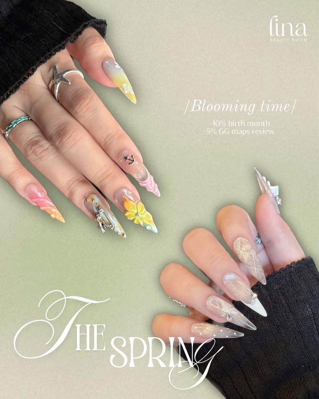 Photo by 𝐍𝐚𝐢𝐥 𝐀𝐫𝐭 - 𝐋𝐚𝐬𝐡𝐞𝐬 - 𝐁𝐫𝐨𝐰 🇻🇳 on March 02, 2026. May be an image of one or more people, fingernails and text that says 'lina BEAUTYROOM BEAUTY RODM /Blooming time/ 10%birthmonth 10% birth month 5% GG mapsreview maps review Ti He SPRING IIsSpRING かしざな大 ・もンンズ'.