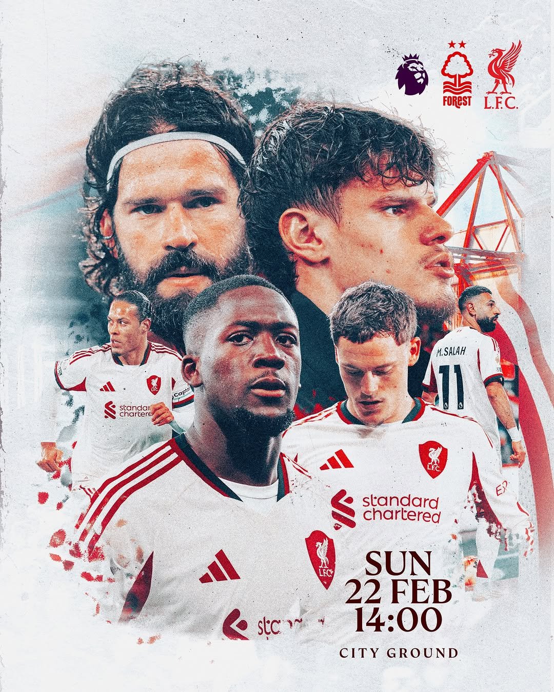Photo by Liverpool Football Club on February 21, 2026. May be an image of ‎football, soccer, poster, stadium and ‎text that says '‎ياةة ب L.F.C. FORESTL.F.C FOREST Il standar charters MSALAH M.S 11 LEC standard chartered اله SUN 22 22FEB 八 ር 14:00 CITY GROUND‎'‎‎.