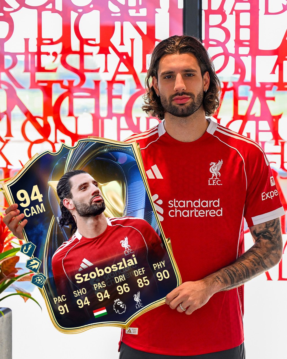 Photo shared by Liverpool Football Club on April 27, 2026 tagging @easportsfc, and @szoboszlaidominik. May be an image of soccer, football, poster, sports equipment, stadium and text that says 'HECET 大ド 94 CAM expe standard chartered Szoboszlai 85 90 PHY DEF DRI PAS 94 96 SHO 94 PAC 91 9494 LFC 公田'.