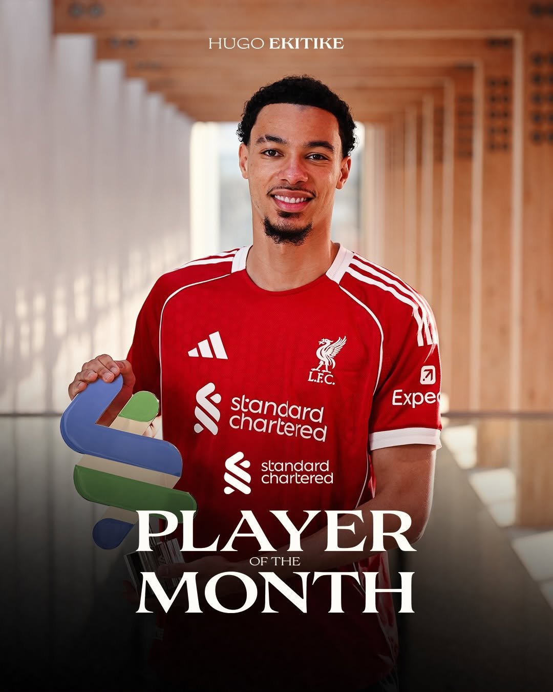 Photo shared by Liverpool Football Club on January 07, 2026 tagging @stanchart, and @hekitike. May be an image of ‎football, soccer, ball, card, stadium and ‎text that says '‎HUGO HUGOEKITIKE ΕΚΙΤΙΚΕ il ن Expe L.F.C. standara chartered standard cha chartered PLAYER OFTHE E TI ΜΟΝΤΗ‎'‎‎.