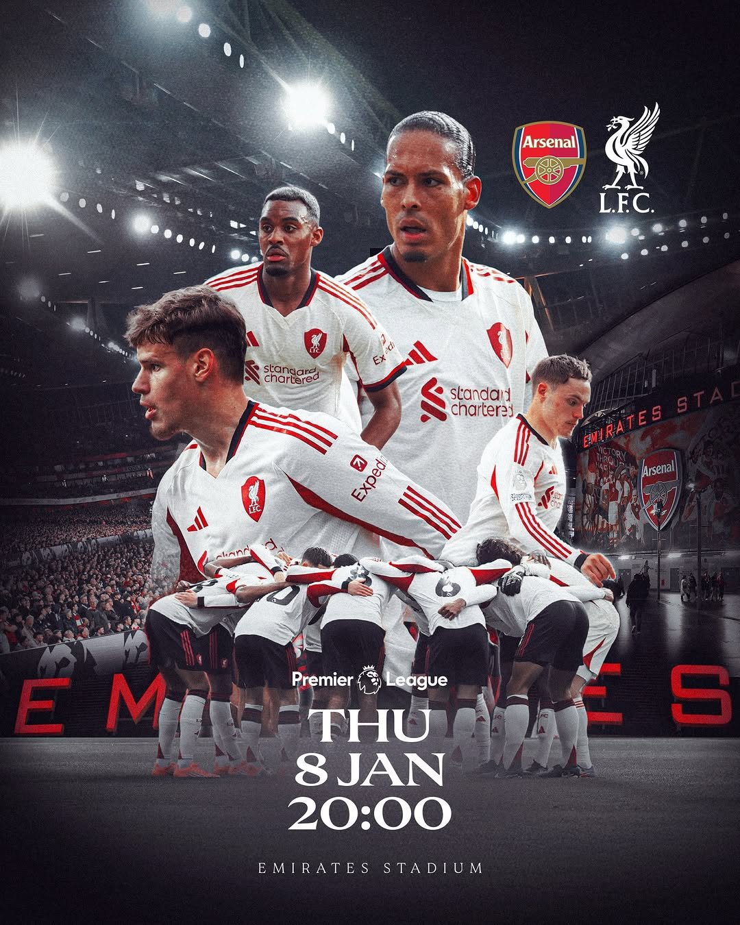 Photo by Liverpool Football Club on January 07, 2026. May be an image of soccer, football, poster and text that says 'Arsenal L.F.C. 2 EX stang charbarel standa charteres 7 EpeAa Exp aianr E MII M Premier MITH-THU PremierLeague League FFTHU THU 8JAN ai 8 20:00 EMIRATES EMIRATESSTADIUM STADIUM'.