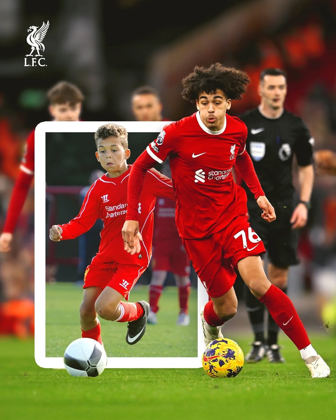 Photo shared by Liverpool FC Academy on February 21, 2026 tagging @liverpoolfc. May be an image of football, soccer, cleats, ball, sports equipment, poster, stadium and text that says 'I1 L.F.C. stang L nare I Sanda harterer 김스 शा'.