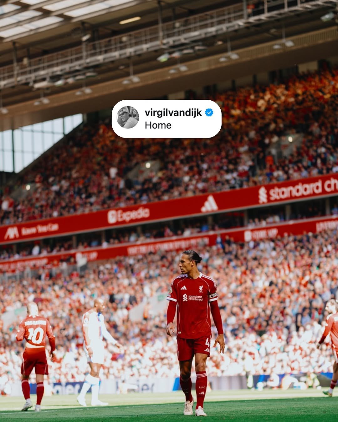 Photo by Liverpool Football Club on April 27, 2026. May be an image of football, soccer, ball, crowd, stadium and text that says 'virgilvandijk HoTe 興 tam te ю6o standard 福彩地 Orduneg 10 10 mAr'.