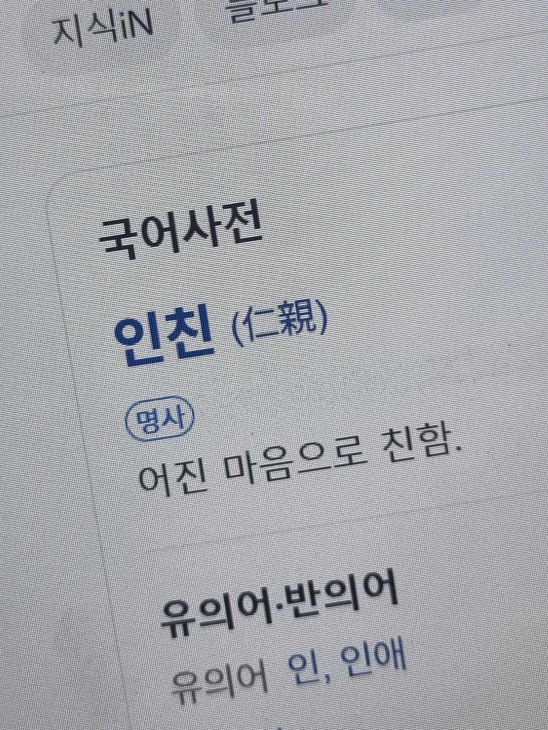 Photo by 임지운 on June 17, 2025. May be an image of book and text that says '지식iN 국어사전 인천() (仁親) 인친 어진마음으로친함. 명사 어진 마음으로 친함 유의어반의어 반의어 유의어 유의어 인, 인애'.