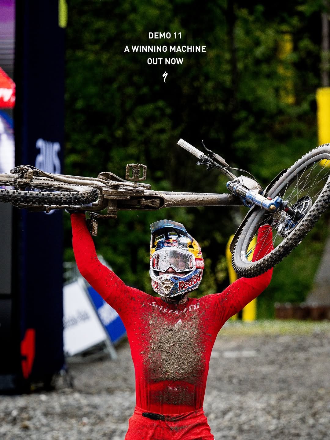 Photo shared by SUPERBRUNI - MTB on April 21, 2026 tagging @specializedgravity. May be an image of racing vehicles, dirt bike, glasses, helmet and text that says 'DEMO 11 AWINNINGMACHINE A WINNING MACHINE OUT NOW 4'.