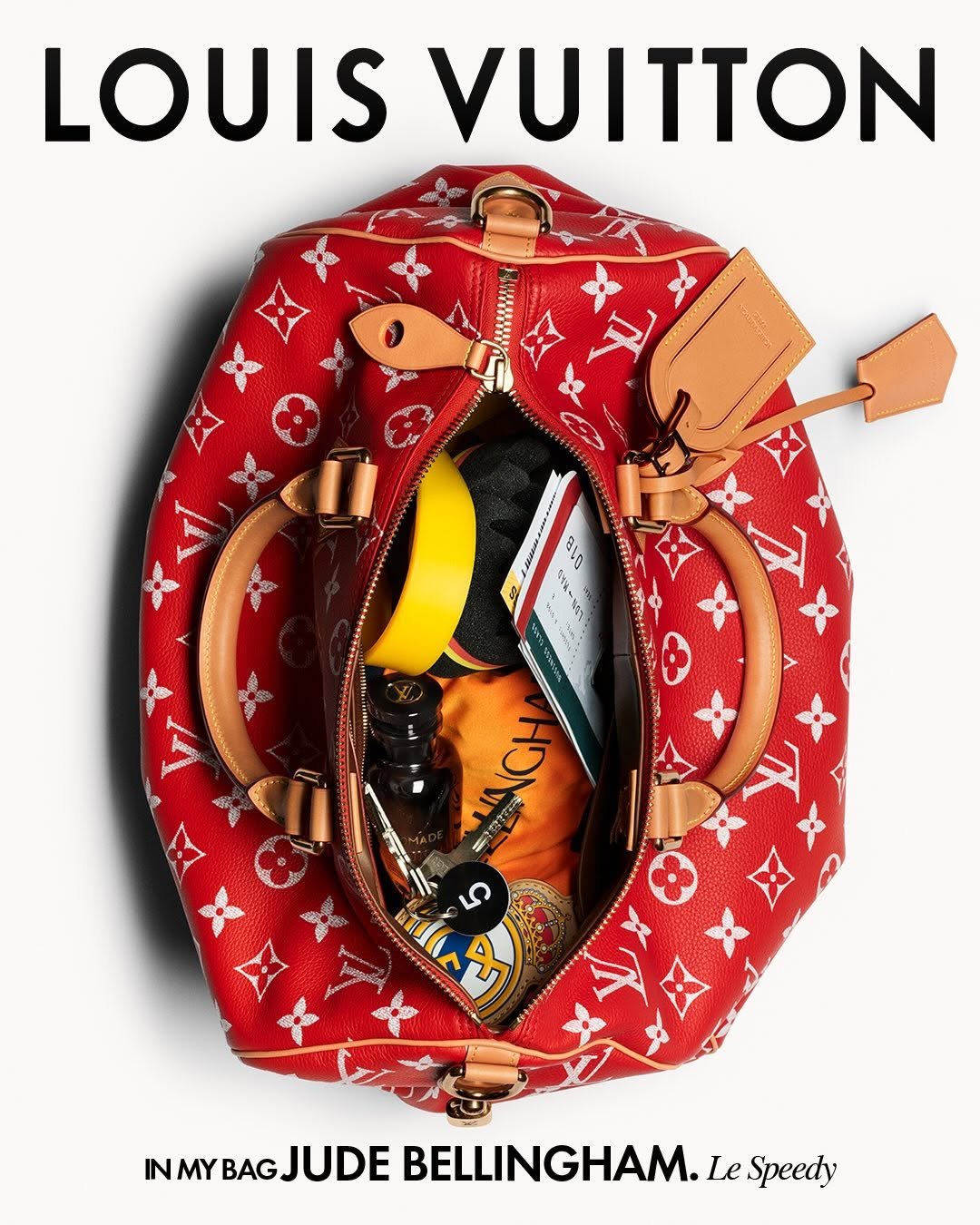 Photo shared by Louis Vuitton on April 03, 2026 tagging @pharrell, and @judebellingham. May be an image of magazine, poster, pouch and text that says 'LOUIS VUITTON HNGH 3MC 5 S BLety แลบ ን S INMYBAG MYBAGJUDE YBACGJUDEBELLINGHAM.I BAG JUDE BELLINGHAM. Le Speedy'.