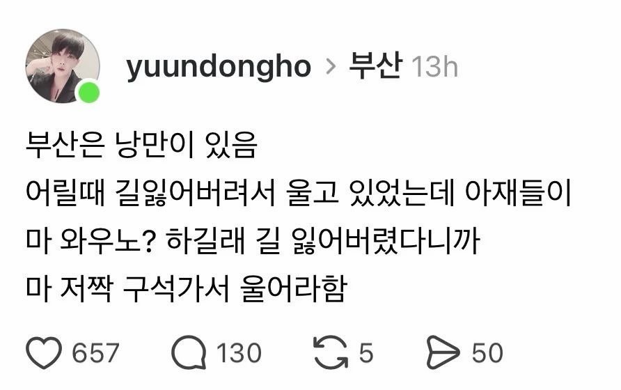 Photo by 사랑좋아해적단 on December 25, 2025. May be a Twitter screenshot of text that says 'yuundongho 부산 13h 부산은 낭만이 있음 어릴때 길잃어버려서 울고 있었는데 아재들이 마 와우노? 하길래 길 잃어버렸다니까 마 저짝 구석가서 울어라함 657 130 G5 5 50'.