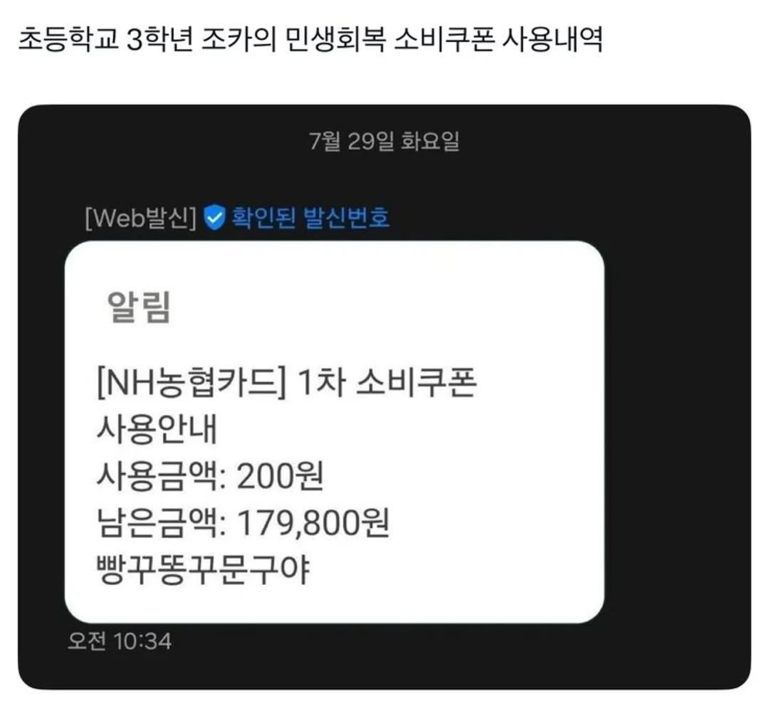 Photo by 사랑좋아해적단 on August 16, 2025. May be an image of text that says '초등학교 3학년 조카의 민생회복 소비쿠폰 사용내역 7월 29일 7월29일화요일 화요일 [Web발신] 확인된발신번호 발신번호 알림 [NH농협카드] 1차 소비쿠폰 사용안내 사용금액: 200원 남은금액: 179,800원 빵꾸똥꾸문구야 오전 오전10:34'.