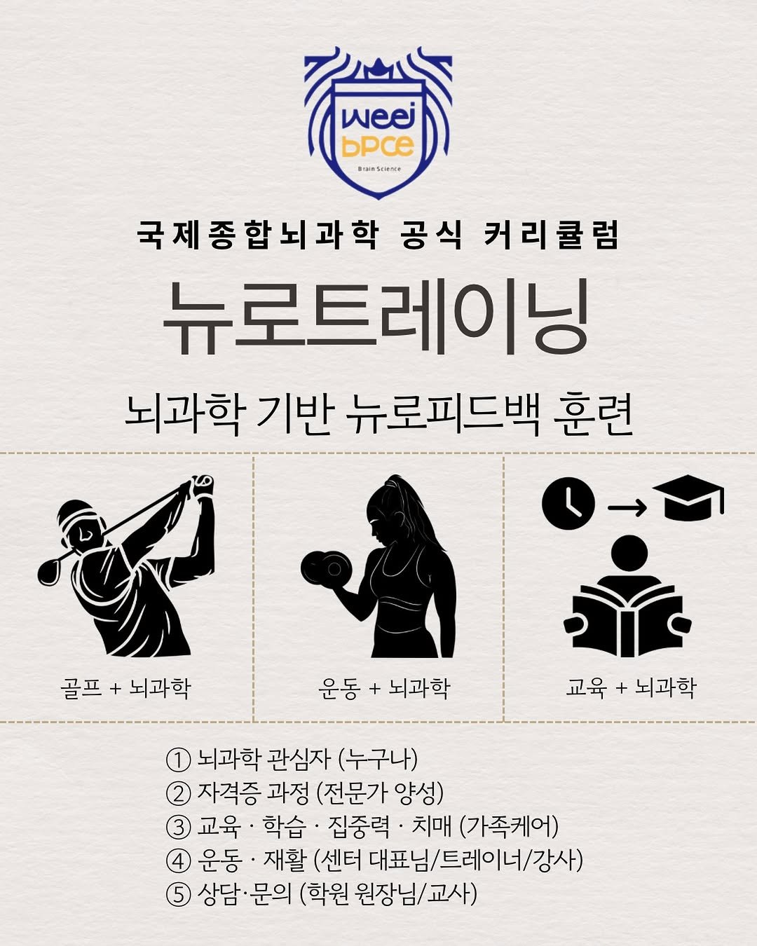 Photo by 𝕄𝕚𝕟𝕒𝕨𝕠𝕣𝕝𝕕 | 환장의 나라 미나월드 on December 16, 2025. May be an image of poster, sports equipment, book and text that says 'bpce BimScNe 국제종합뇌과학 공식 커리클럼 뉴로트레이닝 뇌과학 기반 뉴로피드백 훈련 い→ら 골프 골프+뇌과학 + 뇌과학 운동 운동+뇌과학 + 뇌과학 교육 교육+뇌과학 + 뇌과학 뇌과학 관심자 (누구나) 자격증 과정 (전문가 양성) 교육 학습 집중력 치매 (가족케어) 운동 재활 (센터 대표님\/트레이너/강사) 상담. 상담·문의 문의 (학원 원장님/교사) 교사)'.