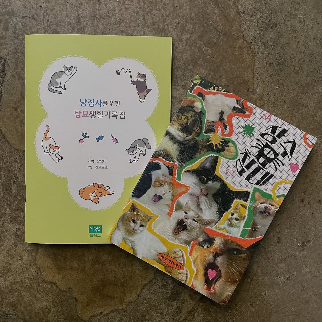 Photo by 러브앤프리  양림동 독립서점 독립출판 광주클래스 on July 26, 2025. May be an illustration of ‎diary, card, book, magazine and ‎text that says '‎냥집사를 위한 탐묘생활기록집 -2) (م ม 기식 사남이 그동· 진고문호 이녹주 프레스 용콩산프래.‎'‎‎.