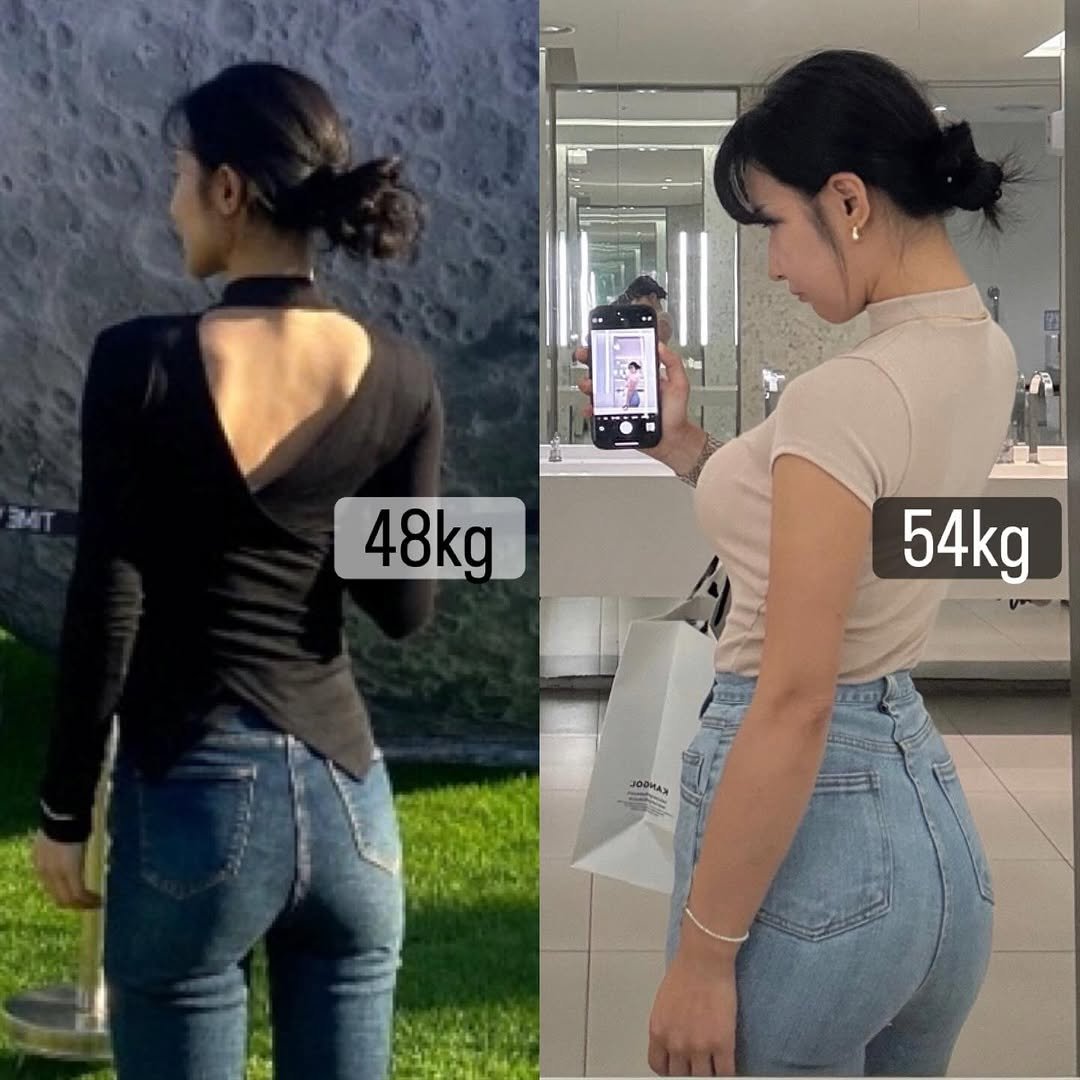 Photo by 러브썸진아 | 민진아 on September 02, 2025. May be a meme of 2 people and text that says '불 48kg 54kg Va JOPHAN'.