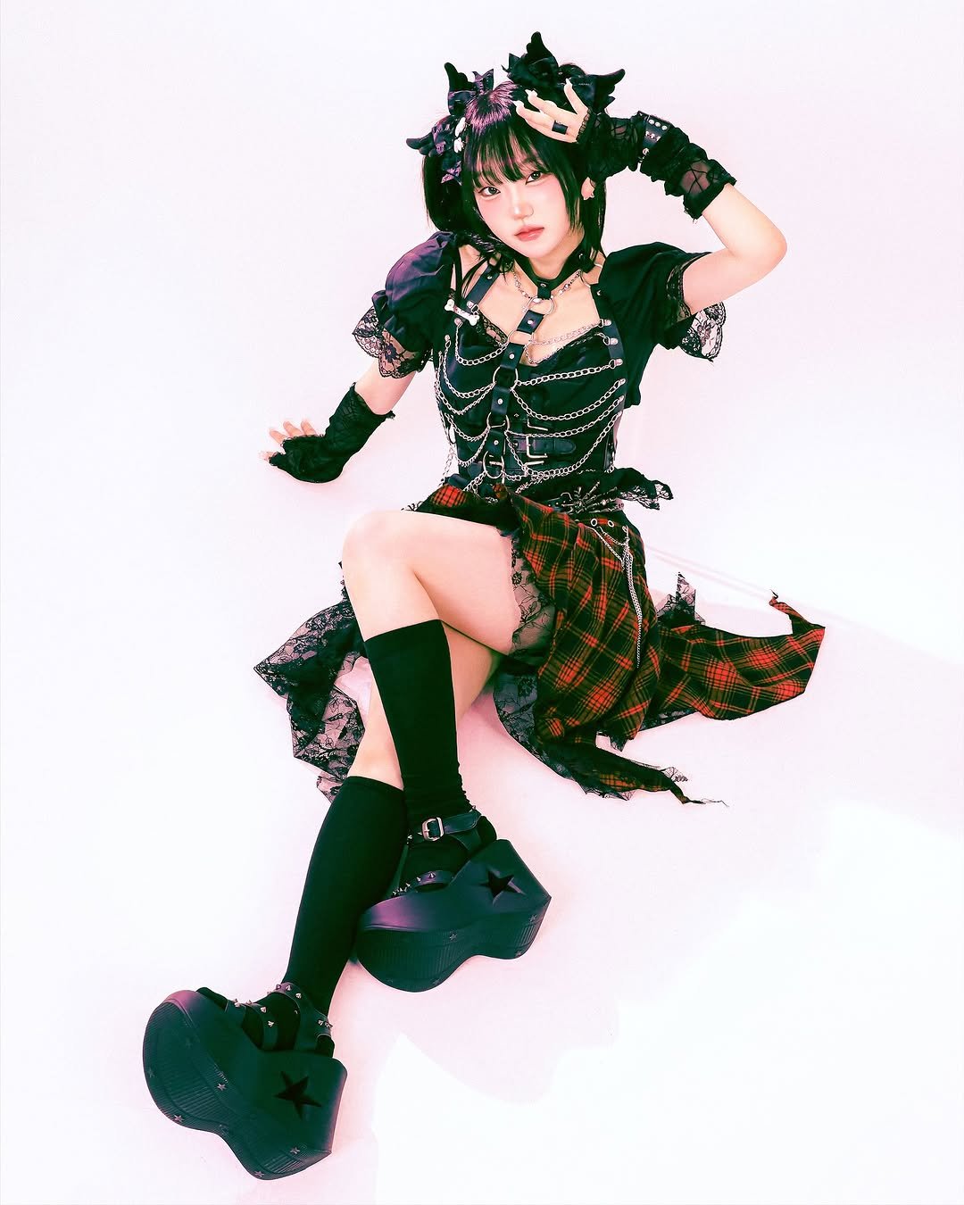 Photo shared by 에이슬 필름🍒 on September 22, 2025 tagging @loveyebbi, and @msgd.official. May be an anime-style image of 1 person, miniskirt, kilt, costume and text.
