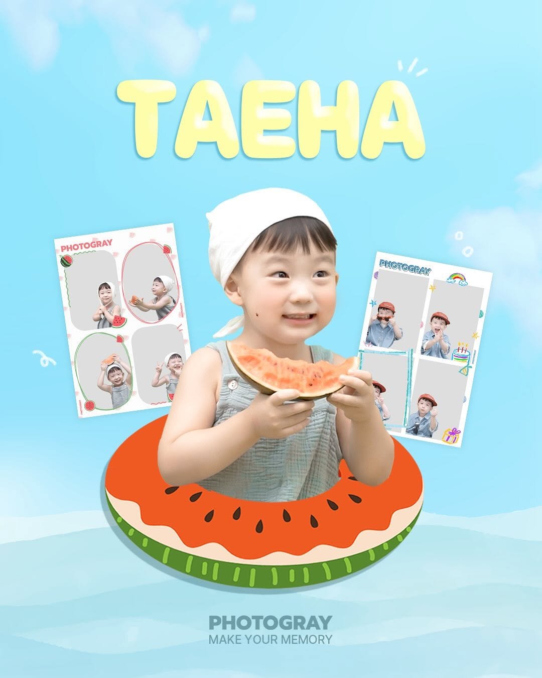 Photo shared by 포토그레이 셀프사진관📸 on August 06, 2025 tagging @lovtaeha. May be an image of 5 people, baby, watermelon, poster, magazine and text that says 'TAEHA PHOTOGRAY PROTOGBAY PHOTOGRAY MAKE MAKEYOURMEMORY YOUR MAKEYOUR MEMORY'.