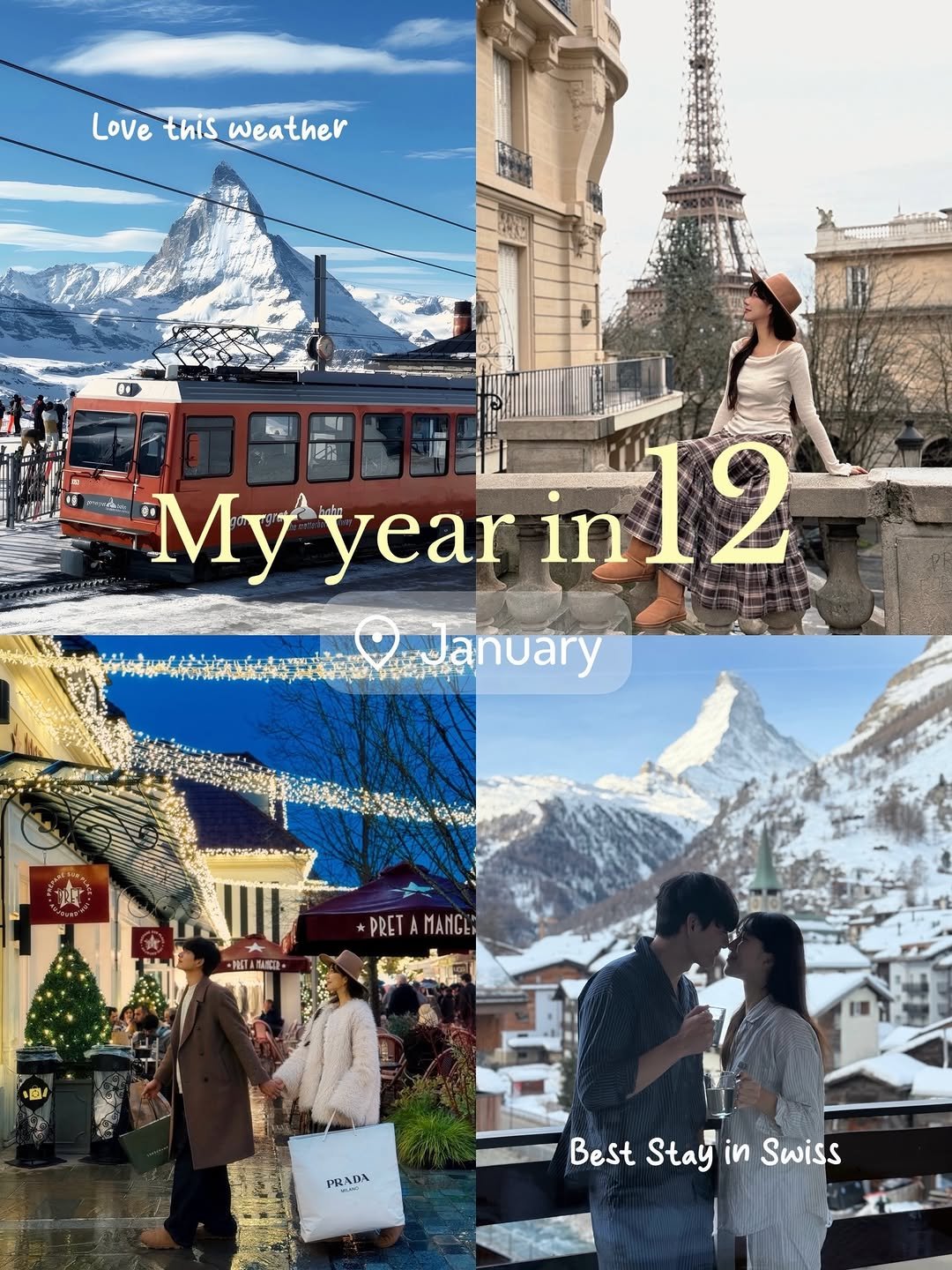 Photo by 채 니 꾸ㅣ 여행 + 패션 on December 24, 2025. May be an image of one or more people, calendar, poster, magazine and text that says 'Lovethisweather Love this weather ม้นกรมท My year Myyear in in12 Myyearin12 2 anuary MA製D *PRETAMANGE PRET MANGE PRADA Best Stay in Swiss'.