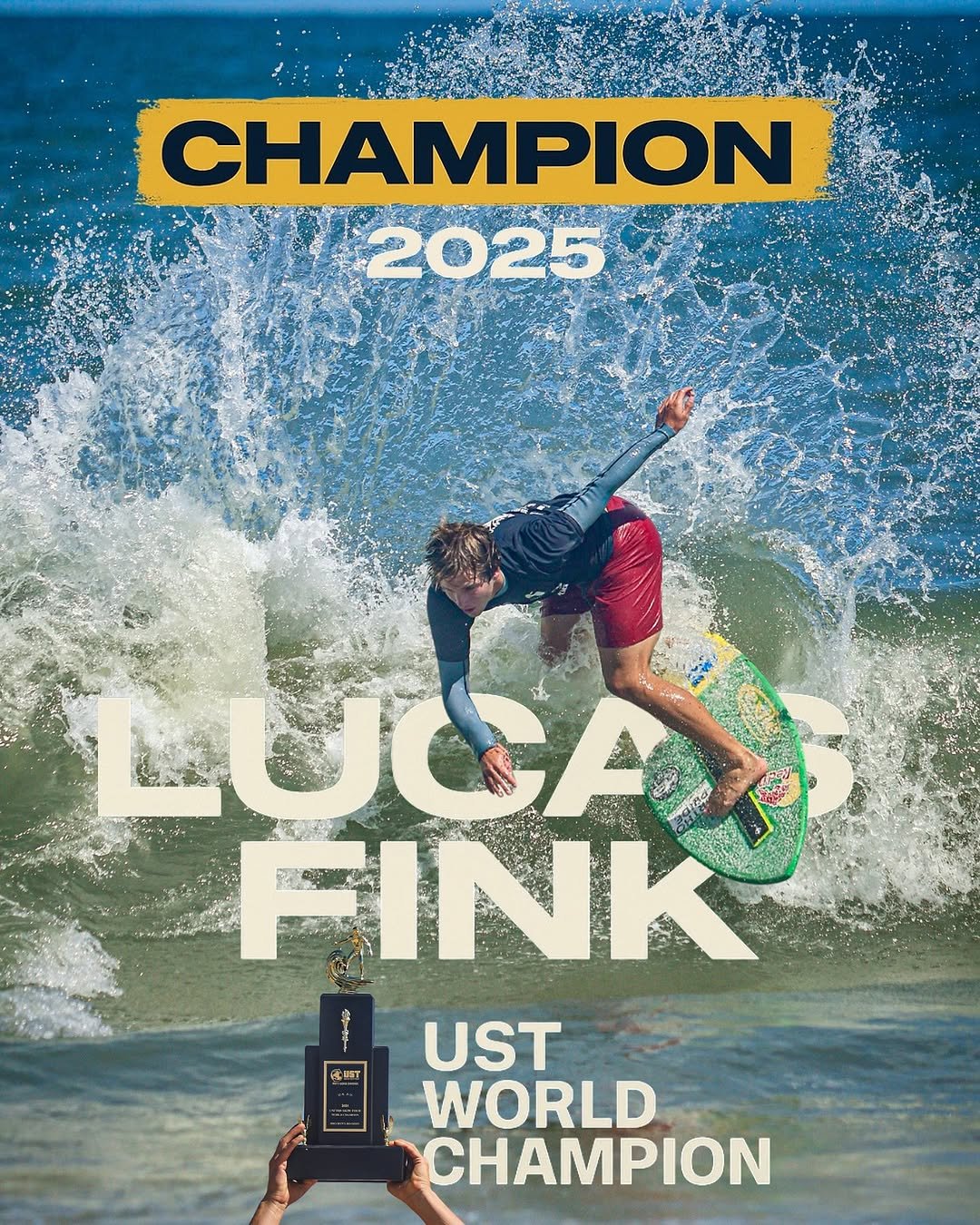 Photo shared by Skim Center on August 10, 2025 tagging @lucasfink, and @unitedskimtour. May be an image of 2 people, surfboard, poster, magazine, water and text that says 'CHAMPION 2025 日 IT LUCA GAR FINK UST WORLD CHAMPION'.