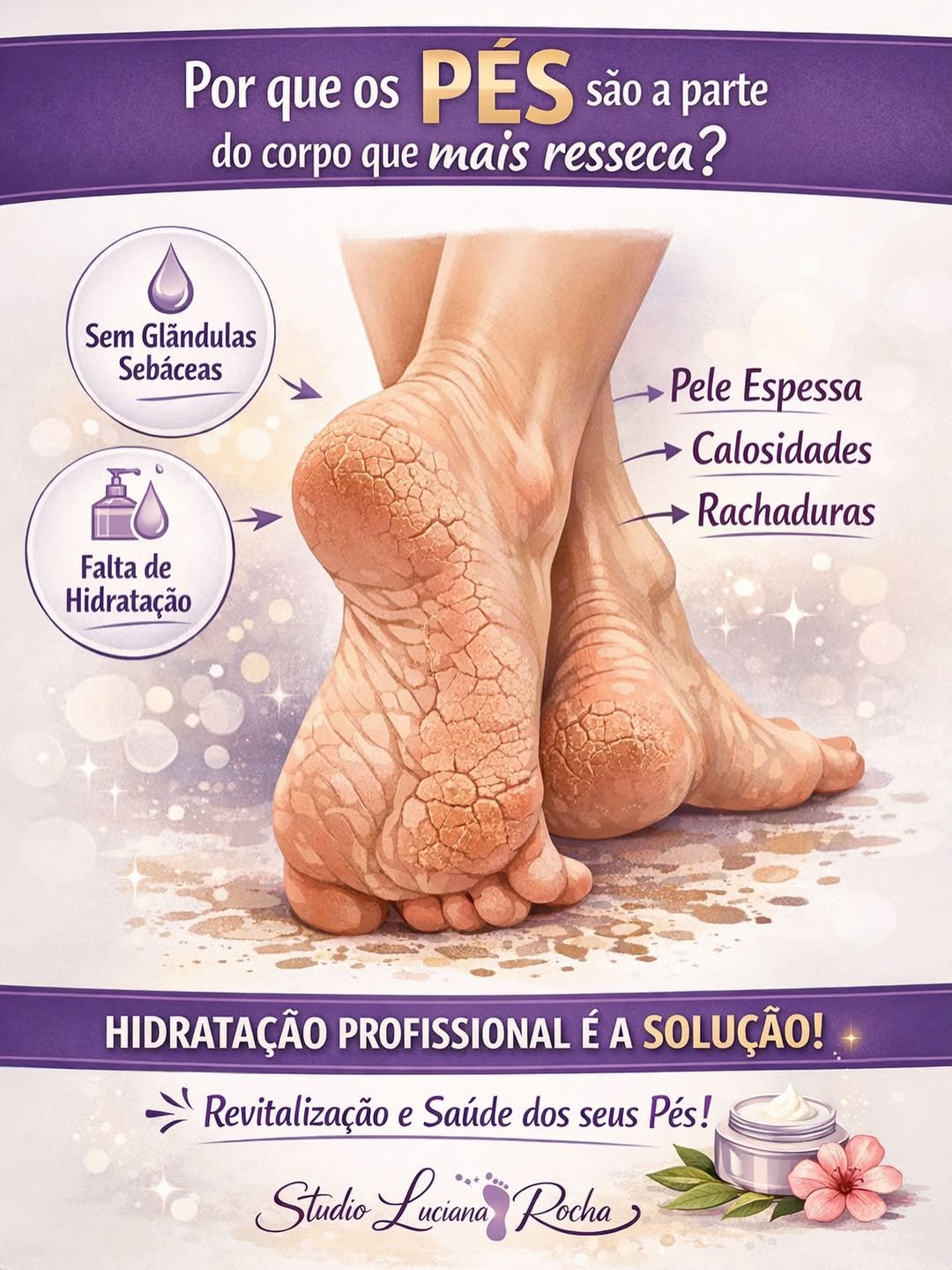 Photo by Luciana Rocha | Estética dos Pés / D’Epilação & Sobrancelhas in Studio Luciana Rocha. May be an image of text that says 'Por que os PÉS são a parte do corpo que mais resseca? Sem Glãndulas Sebáceas Falta Faltade de Hidratação Pele Espessa Calosidades Rachaduras HIDRATAÇÃO PROFISSIONAL ÉA É A SOLUÇÃO! Revitalização e Saúde dos seus Pés! Studio Luciana Rocha'.