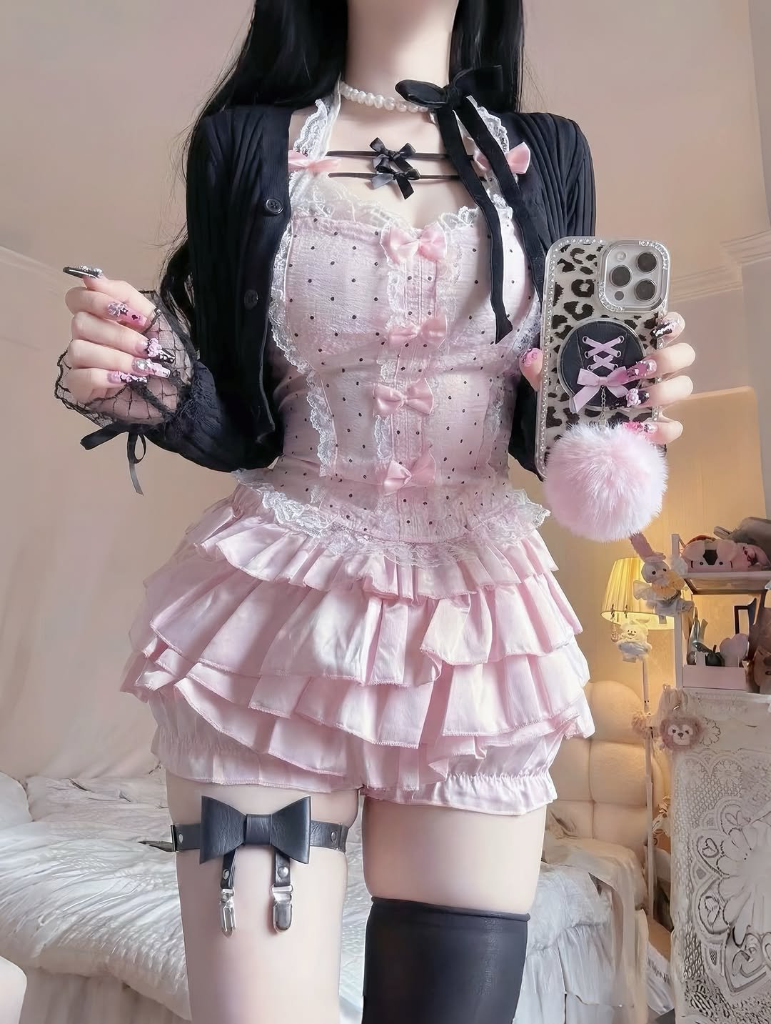 Photo shared by 럭키비키랜드 on January 10, 2026 tagging @bonnymallow_pink. May be an image of fishnet stockings, miniskirt and text.