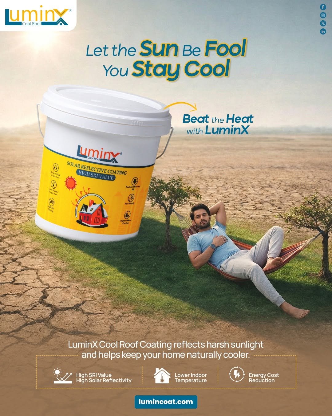 Photo by LuminX on April 09, 2026. May be an image of medicine, ointment and text that says 'uminx Cool oof 8 X in Let Letthe the Sun Be Fool You Stay Cool Beat the Heat with LuminX ប្រាប្ពពរ SOLAR SOLARREFLECTIV Luminx HIGHSRIVALLE REFLECTIVECOATING COATING I0 ሞሎ LuminX Cool Roof Coating reflects harsh sunlight and helps keep your home naturally cooler. High SRI Value High Solar Reflectivity Lower ndoor Temperature Energy EnergyCost Cost Reduction lumincoat.com'.