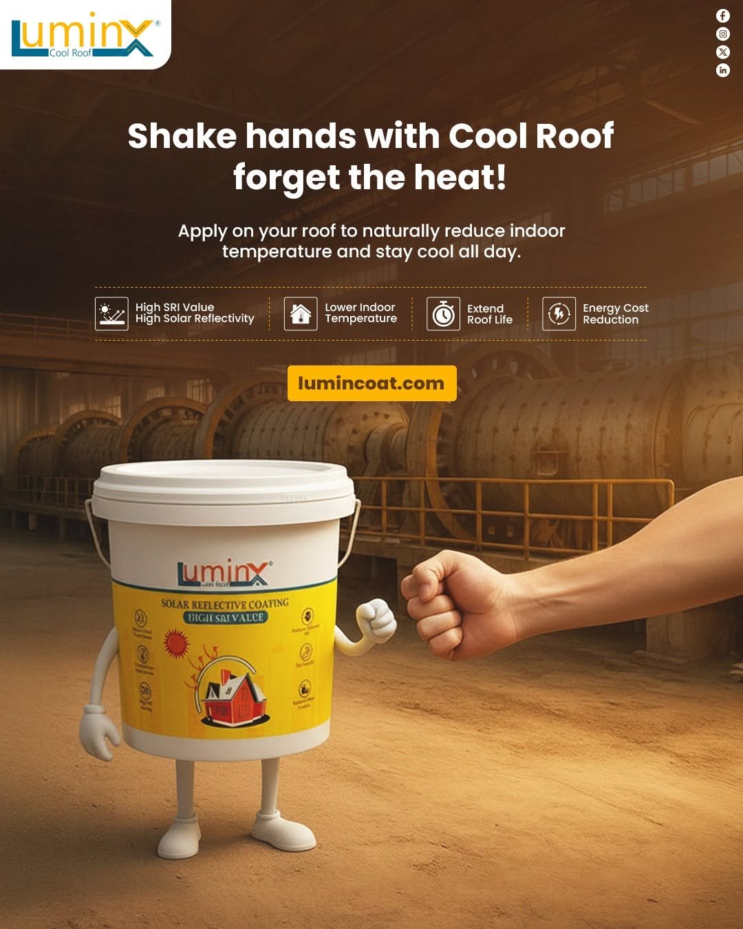 Photo by LuminX on February 05, 2026. May be an image of canister, bucket and text that says 'uminx Cool oof f B X Shake hands with Cool Roof forget the heat! Apply on your roof to naturally reduce indoor temperature and stay cool all day. High SRI Value High Solar Reflectivity Lower LowerIndoor Indoor Temperature Extend RoofLife Life Roof Energy EnergyCos Cost Reduction lumincoat.com uminX SOLARREFLECTIVE.COATING SOLAR BIGHSAIVALCE'.