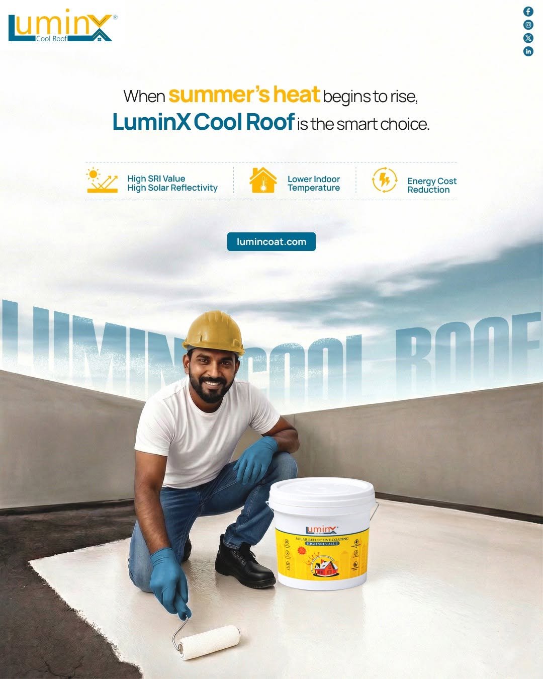 Photo by LuminX on April 12, 2026. May be an image of text that says 'uminx Roof Cool in When summer' s heat beginstorise rise, begin LuminX Cool Roof LuminXCoolRoofistesmartcho is the smart choice. High Value High Solar Reflectivity LowerIndoor Lower Temperature Energy EnergyCost Cost Reduction lumincoat. com ርበባ! ROOF uminx CSD 9 1 2 노 봉 0A'.