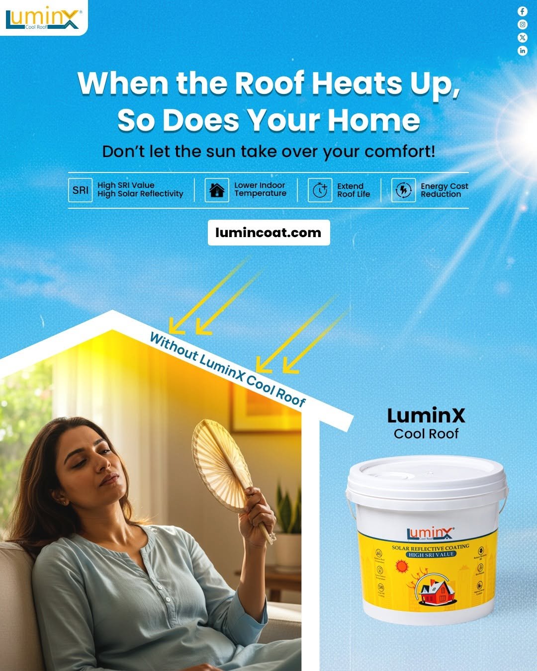 Photo by LuminX on November 12, 2025. May be an image of text that says 'uminx 3 X in When the Roof Heats Up, So Does Your Home Don't let the sun take over your comfort! SRI High Solar Reflectivity High Value Lower Indoor Temperature Extend Roof Life Energy Cost Reduction lumincoat.com Without LuminX Cool Roof LuminX Cool Roof Luminx SOLAR . HIGHSRIVALIE HIGHSA NALUE ও C'.