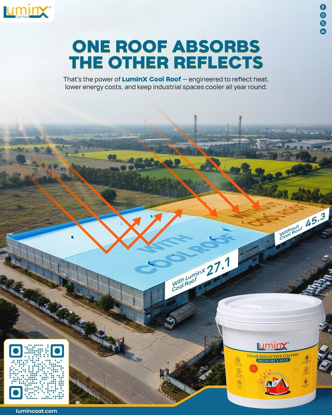 Photo by LuminX on November 17, 2025. May be an image of ‎text that says '‎uminx in ONE ROOF ABSORBS THE OTHER REFLECTS That's the power fLuminx Cool Roof engineered to reflect heat, lower energy costs. and keep industrial spaces cooler all year ound. thout Roof 45.3 with COO COO LuminX 27.1 Cool COOLROGN with Roof 中 Mulen c uminx SOLAR RREFLE REFLECTIVE.COATING יוד/ו HIGHSILVAILE GDJI lumincoat.com‎'‎.