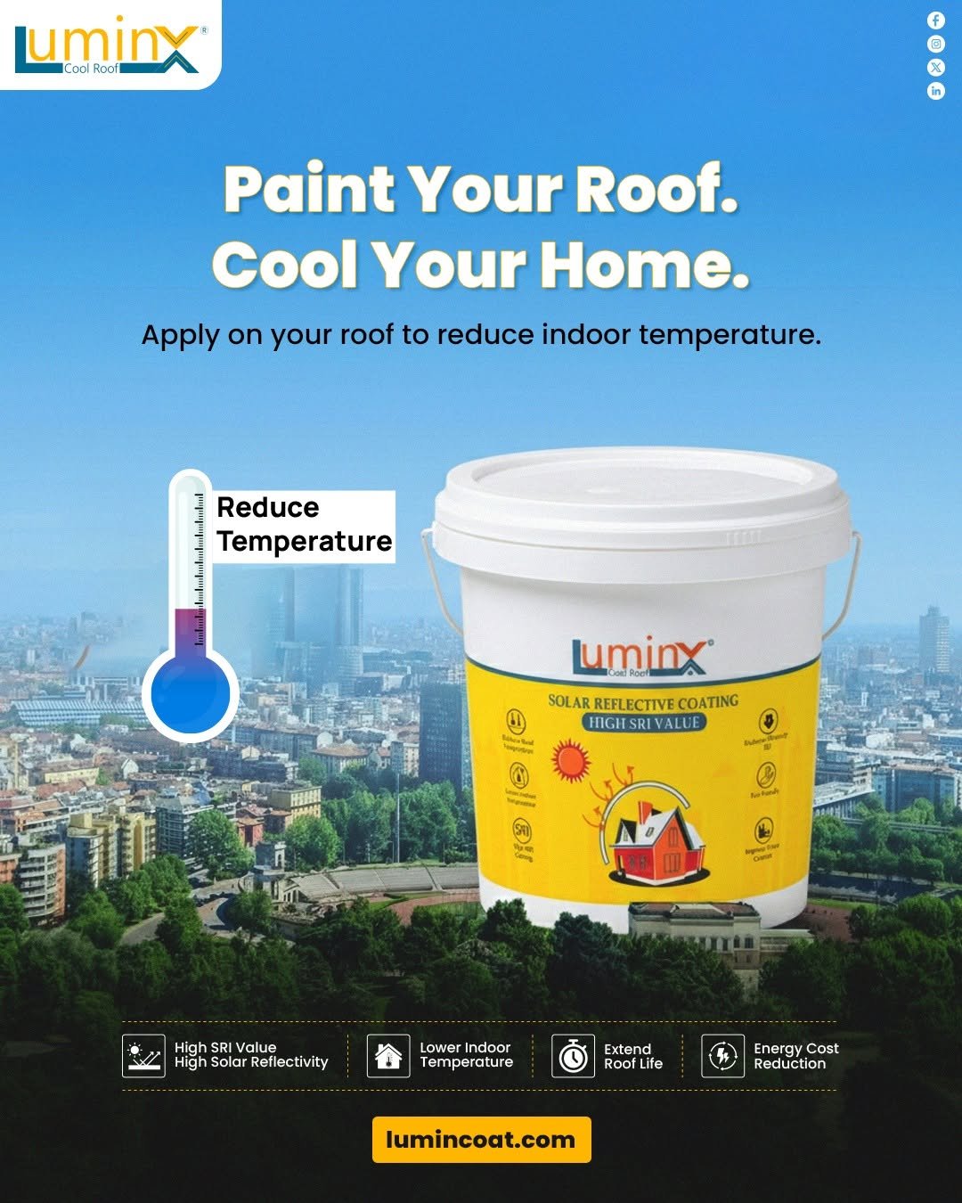 Photo by LuminX on February 10, 2026. May be an image of text that says 'uminx Cool Roof B X in Paint Your Roof. Cool Your Home. Apply on your roof to reduce indoor temperature. Reduce Temperature Lminx SOLAR SOLARREFLECTIVECOATING REFL REFLECTIVE COATING IIGH VALUE គប្មបសរ គណរដទាត Sa E1 High Value High Solar HighSolarReflectivity Reflectivity Lower Indoor Temperature rature Extend Roof Energy Cost Reduction lumincoat.com'.