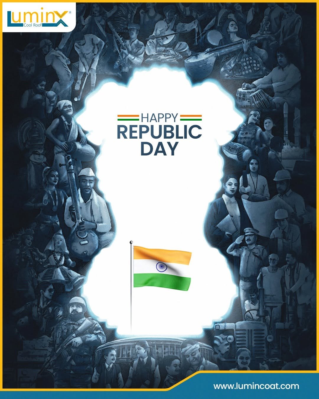 Photo by LuminX on January 25, 2026. May be an image of banner, poster, flag and text that says 'uminx Bo Coal Cor Rosl Roof of HAPPY REPUBLIC DAY www.lumincoat.com'.