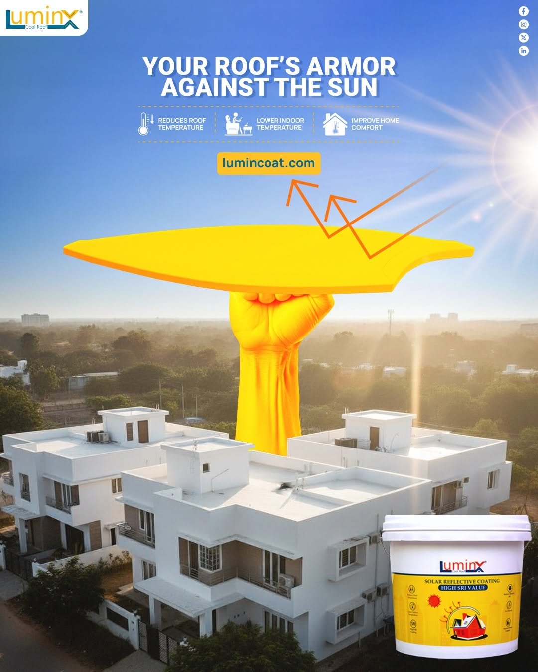 Photo by LuminX on November 10, 2025. May be an image of text that says 'uminx f B YOUR ROOF'S ARMOR AGAINST THE SUN in በ REDUCESROOF TEMPERATURE LOWERINDOOR LOWER INDOOR 1E TEMPERATURE IMPROVE HOME COMFORT lumincoat.com Luminx SOLA EUCTNE IVECOA COA ١ HIGHSREVALLE SOLAERIRCTNCOATING REVALLE 1o MOU'.
