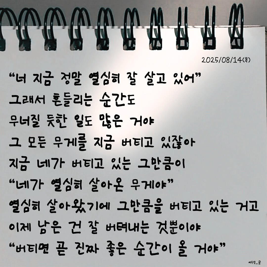 Photo by 여우별_글 on August 13, 2025. May be an image of text that says 'TOSEUN ΣΥΥPPAΗΗ 2025/08/14(号) 14(목) "너 지금 정말 열심회 잘 살고 있어" 그래서 톤들리는 순간도 우너질 듯한 일도 많은 거야 그 모든 우게를 지금 버티고 있잖아 지금 네가 버티고 있는 그만큼이 "네가 열심히 살아온 무게야" 열심회 살아왔기에 그만큼을 버티고 있는 거고 이제 남은 건 잘 버려내는 것뿐이야 "버티면 곧 진짜 좋은 순간이 을 거야" 예우명_글'.