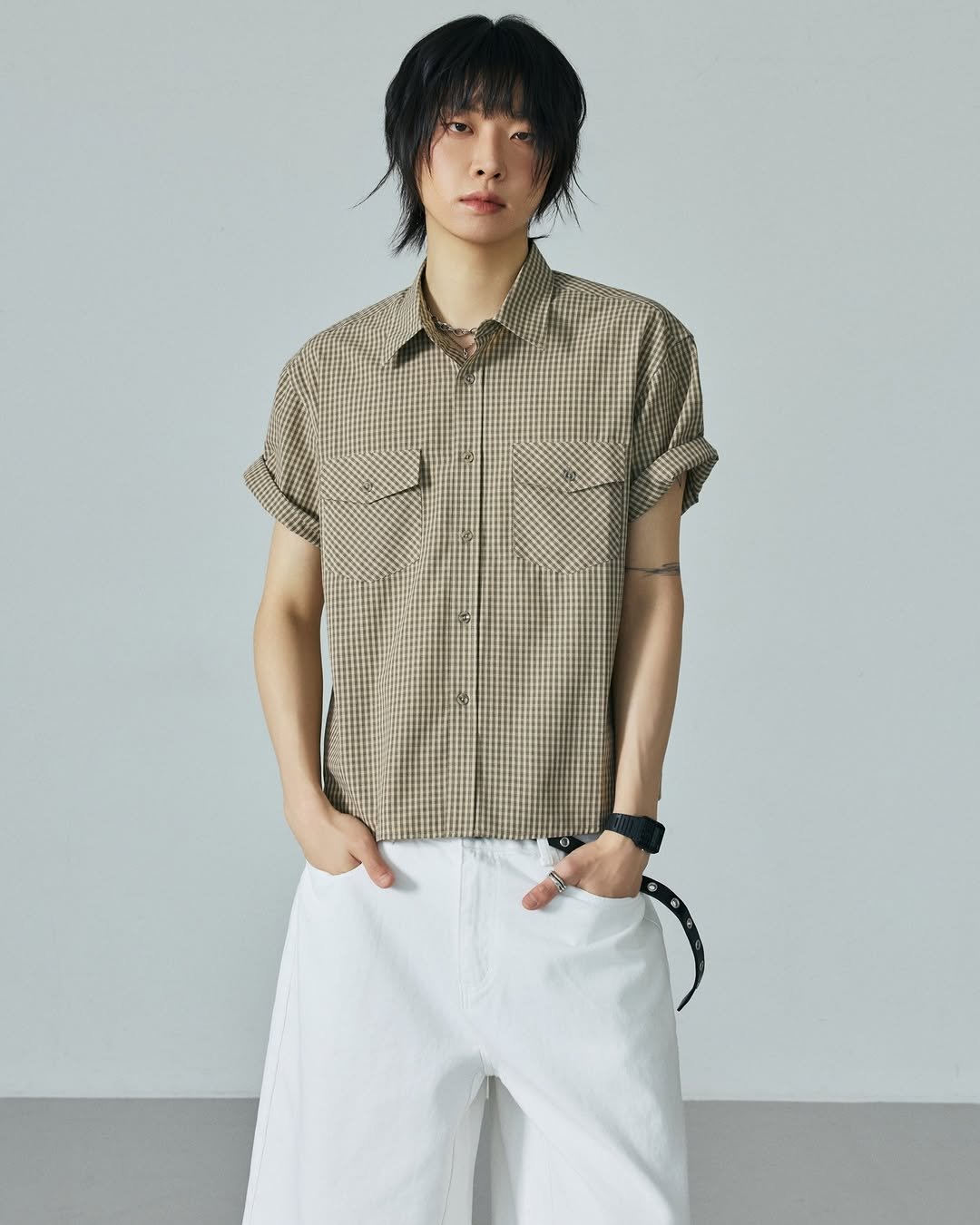 lxt_company 게시물 이미지: Cotton Check Double Pocket Crop Short Sleeve...