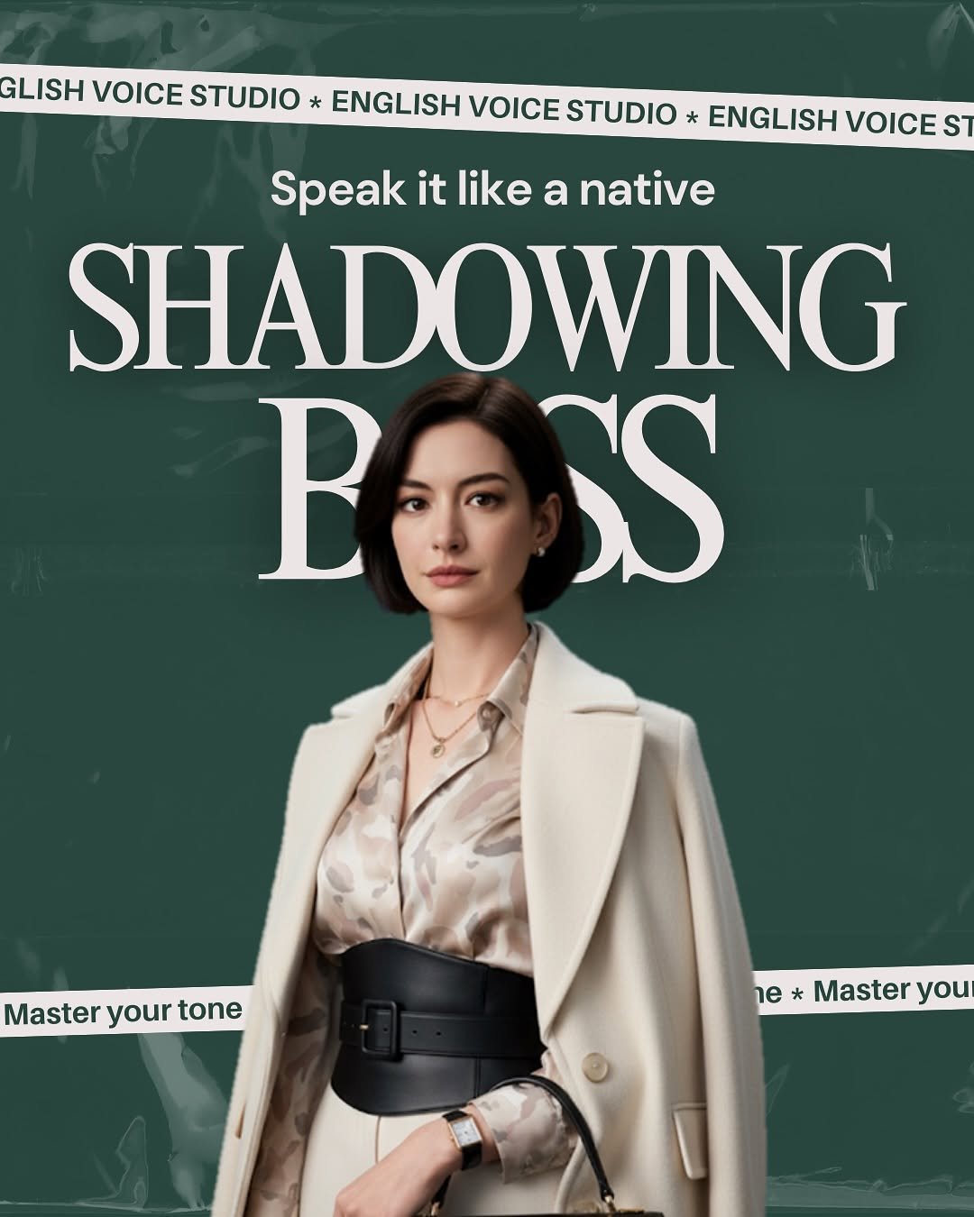 Photo by 린쌤 | 영어회화 코치 • 발음 & 스피킹 연구 on September 23, 2025. May be an image of 1 person, poster, magazine and text that says 'GLISH VOICE STUDIO * ENGLISH VOICE STUDIO ENGLISH VOICE S Speak it like a native SHADOWING BOSS S B Master Masteryourtone Masteryour your tone ne * Master Masteryou you'.